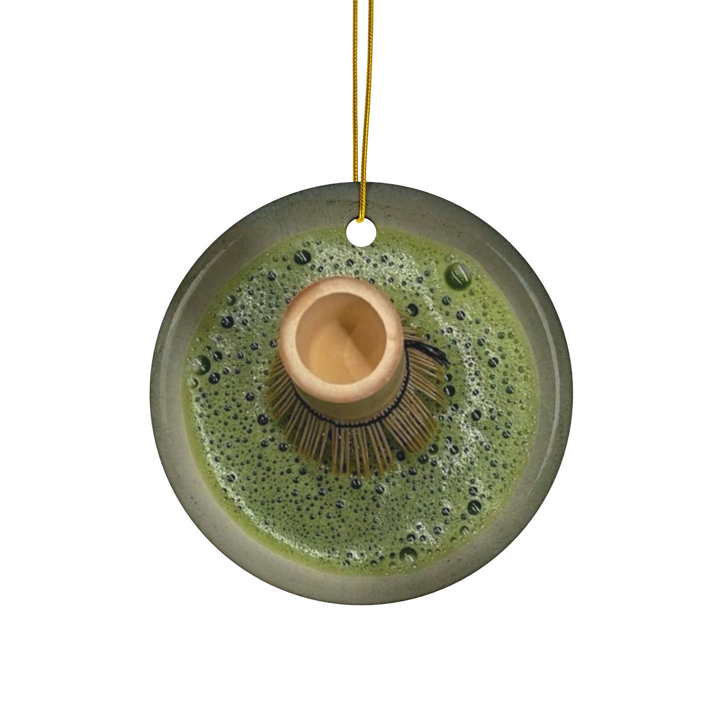 Matcha Ceramic Ornament, Double Sided Holiday Decor for Matcha Lovers, Circle Shaped Christmas Tree Decoration