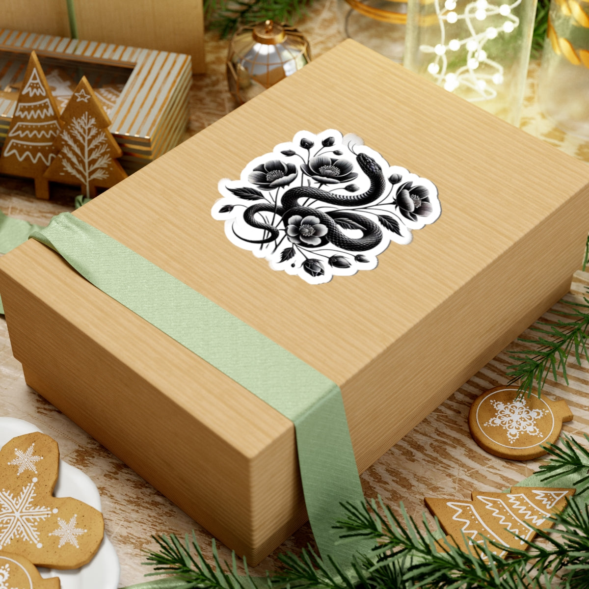 Black Snake with Blooming Flowers Sticker, Perfect Gift for 2025 Year of the Snake | Gothic & Chic Decal Decor
