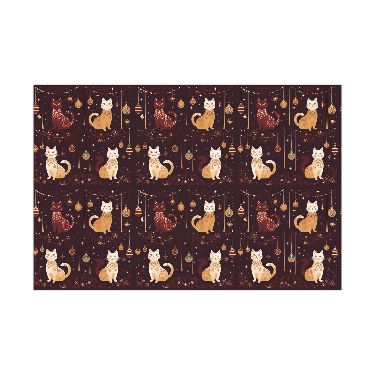 Elegant Cat Christmas Wrapping Paper - Golden Ornaments on Maroon - Luxury Festive Gift Wrap for Christmas, New Year, Chinese New Year