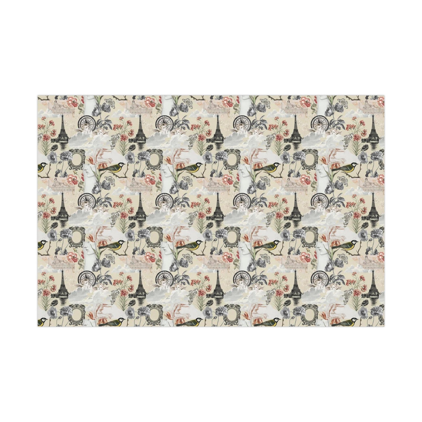 Vintage Antique Floral and Eiffel Tower Wrapping Paper - Retro Bird and Flower Pattern for Scrapbooking and Nostalgic Gifts