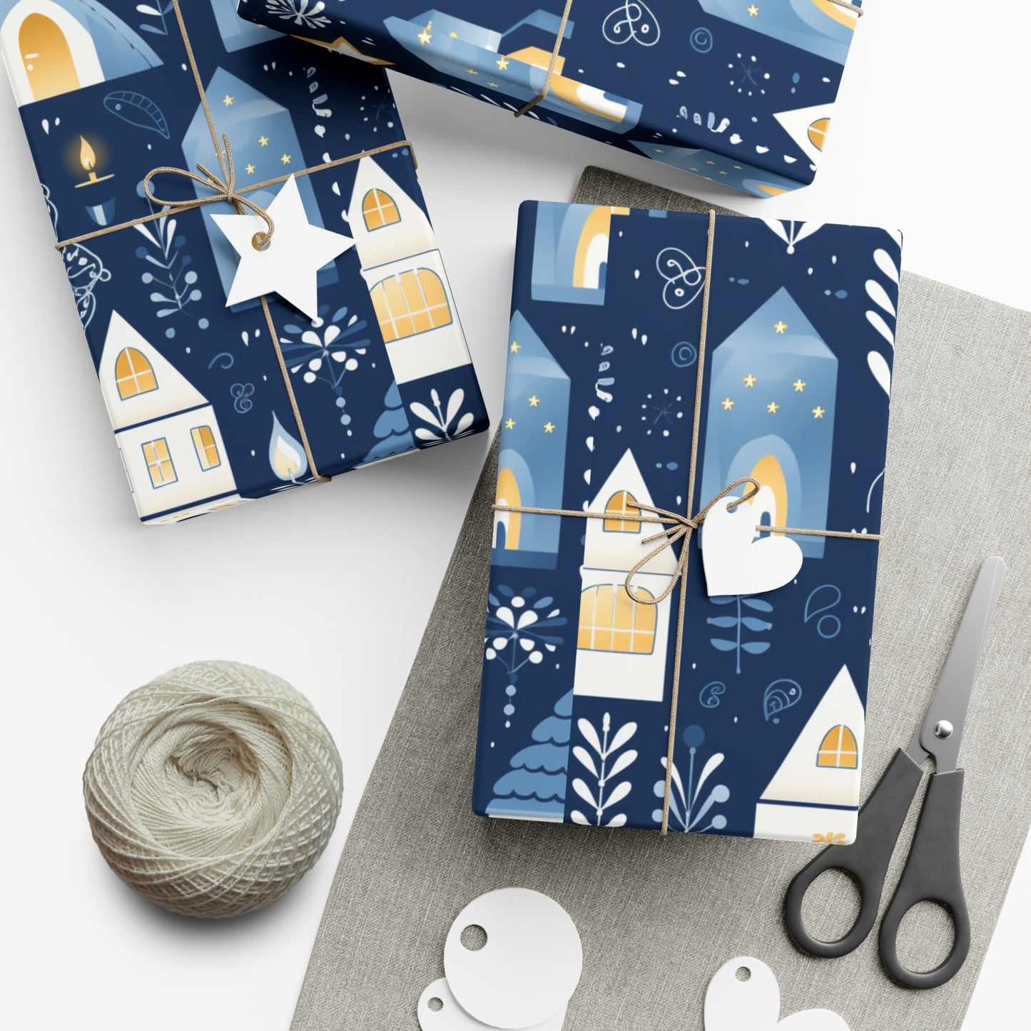 Blue Cozy Homes & Candles Gift Wrapping Paper - Elegant Winter - Themed Wrap for Special Occasions, Hanukkah, Birthdays, Holidays