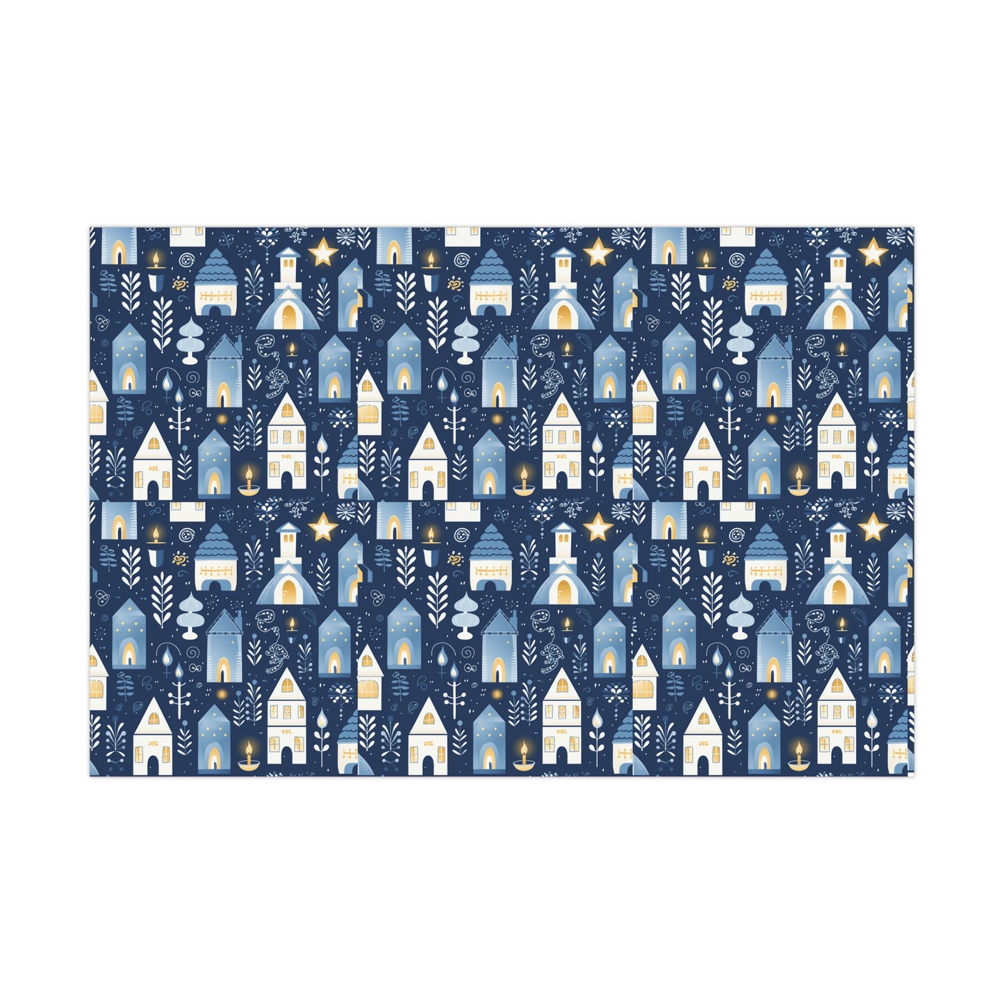 Blue Cozy Homes & Candles Gift Wrapping Paper - Elegant Winter - Themed Wrap for Special Occasions, Hanukkah, Birthdays, Holidays