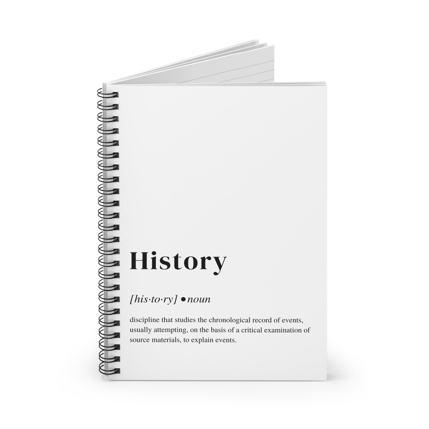 History Definition Spiral Notebook, Perfect Gift for Students, White Background, School and University Supplies