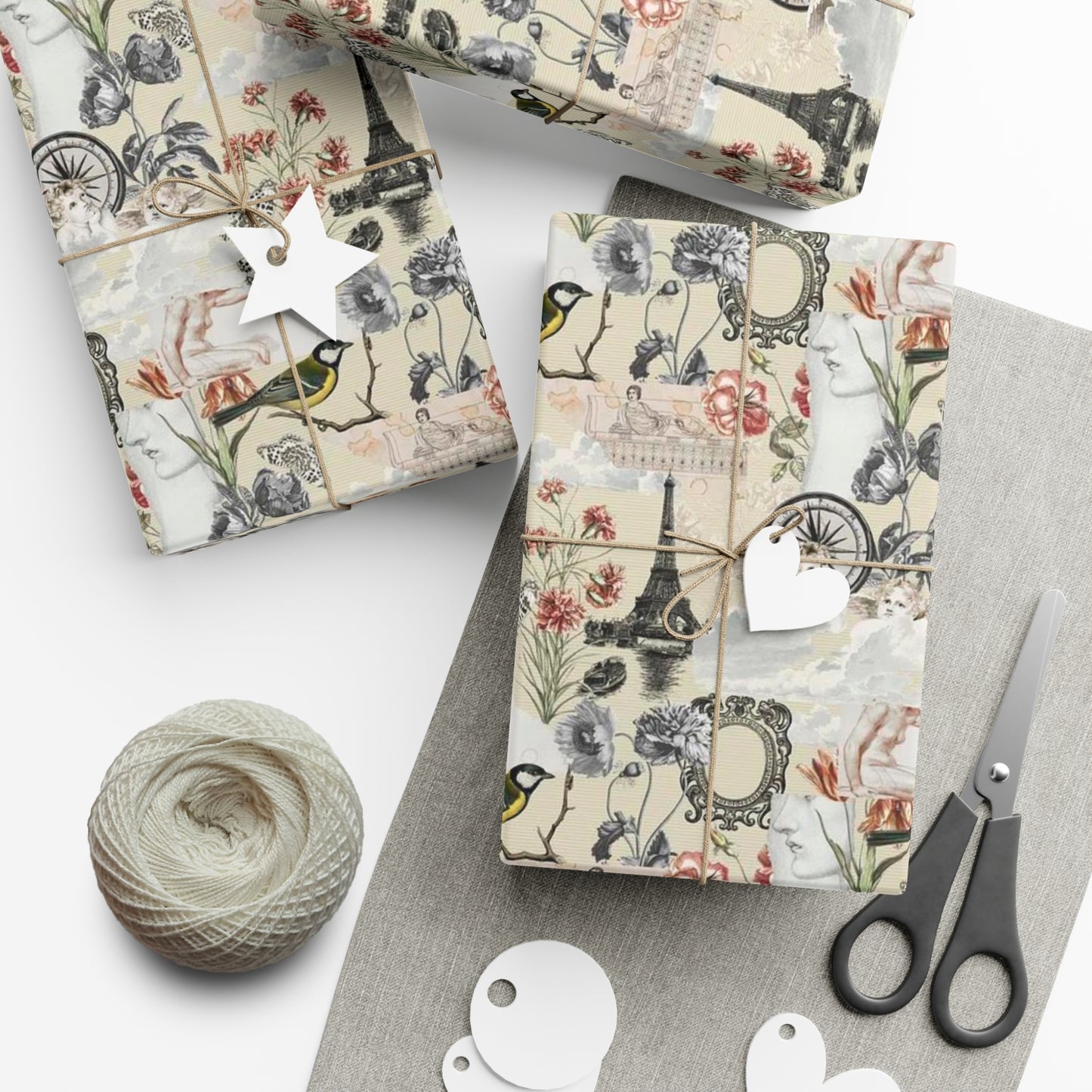 Vintage Antique Floral and Eiffel Tower Wrapping Paper - Retro Bird and Flower Pattern for Scrapbooking and Nostalgic Gifts