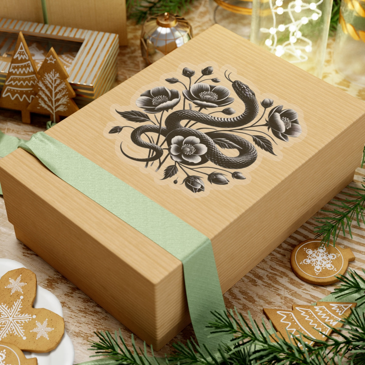 Black Snake with Blooming Flowers Sticker, Perfect Gift for 2025 Year of the Snake | Gothic & Chic Decal Decor