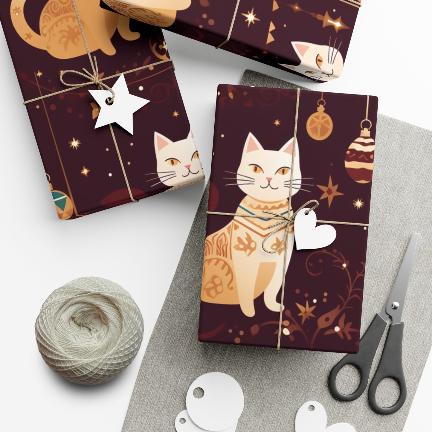 Elegant Cat Christmas Wrapping Paper - Golden Ornaments on Maroon - Luxury Festive Gift Wrap for Christmas, New Year, Chinese New Year