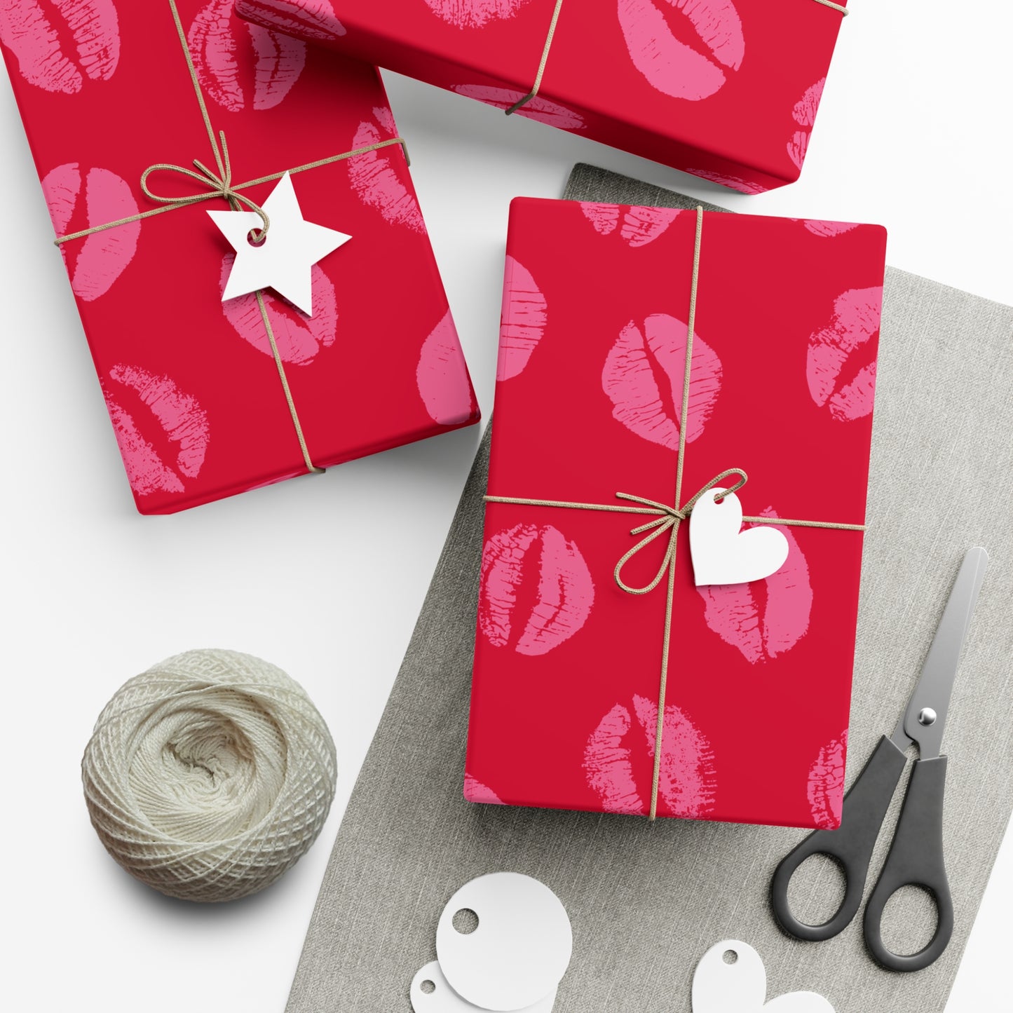 Chic Pink Lipstick Kisses Gift Wrap, Birthday Wrapping Paper, Stylish Red and Pink Design