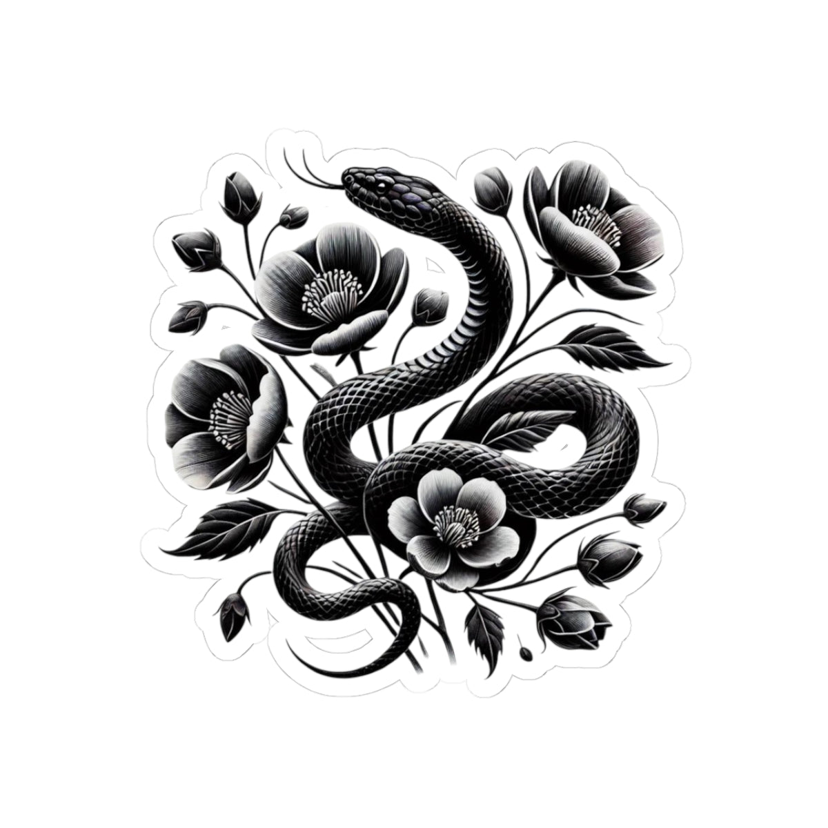 Black Snake with Blooming Flowers Sticker, Perfect Gift for 2025 Year of the Snake | Gothic & Chic Decal Decor