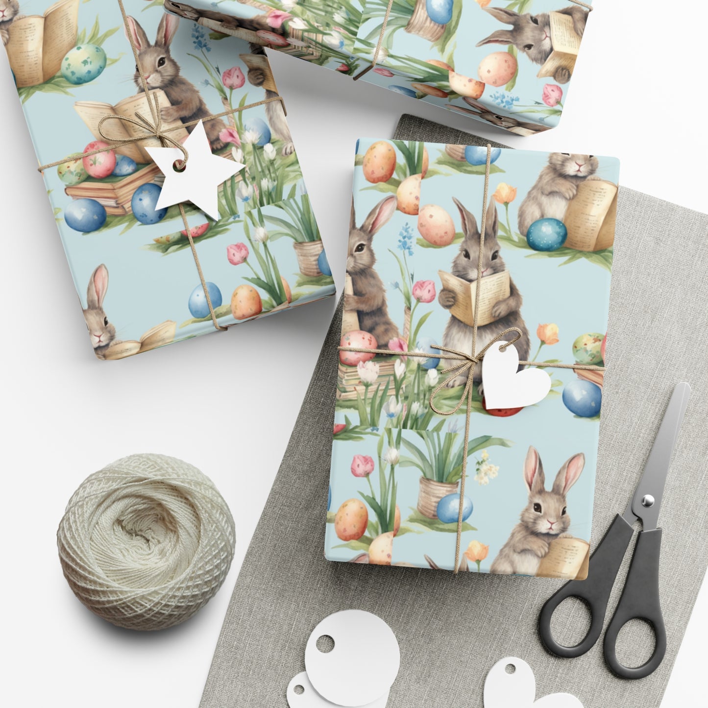 Adorable Easter Bunny Booklover Wrapping Paper - Soft Sky Blue with Colorful Eggs - Ideal for Easter, Baby Showers and Bunny Rabbit Lovers