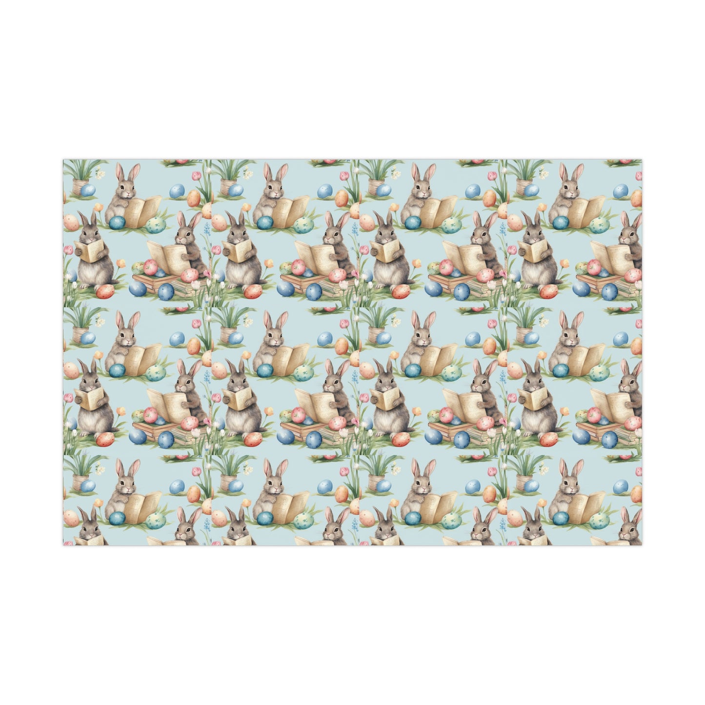 Adorable Easter Bunny Booklover Wrapping Paper - Soft Sky Blue with Colorful Eggs - Ideal for Easter, Baby Showers and Bunny Rabbit Lovers