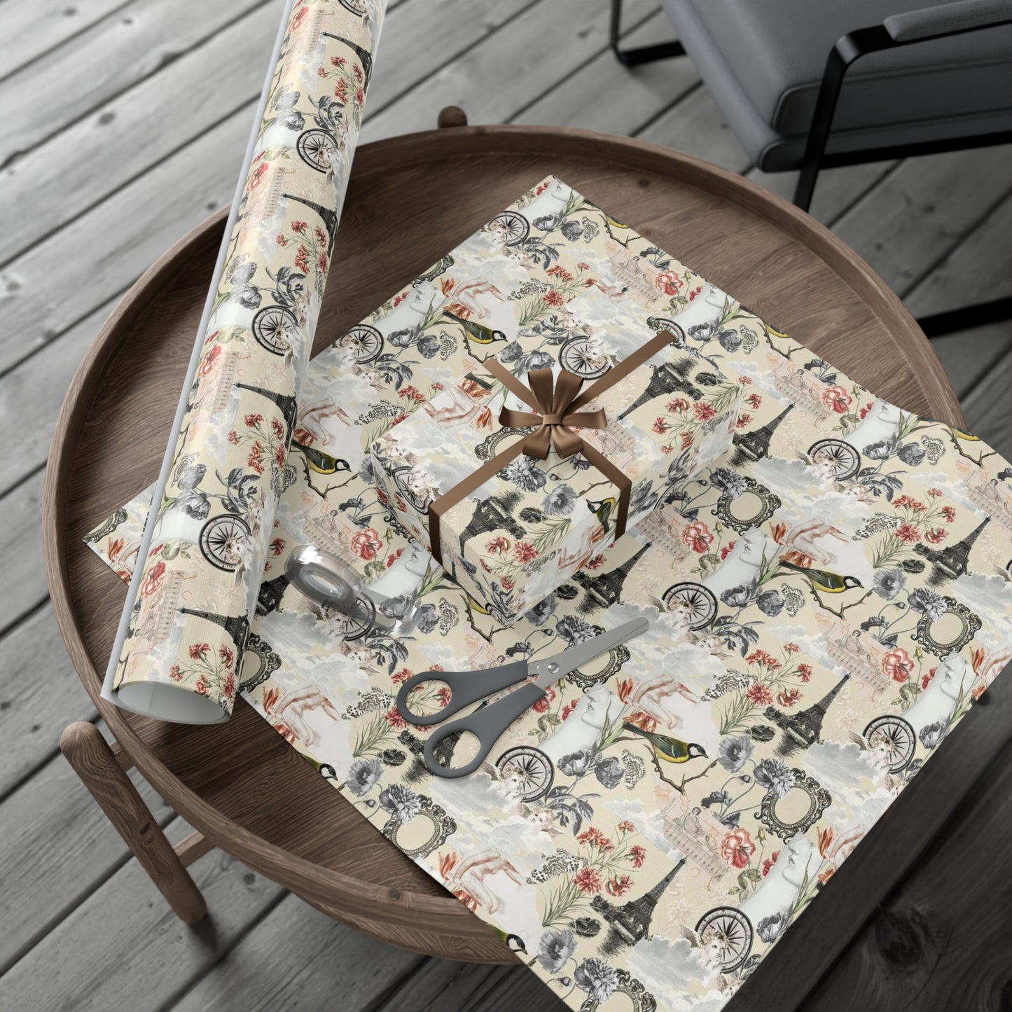 Vintage Antique Floral and Eiffel Tower Wrapping Paper - Retro Bird and Flower Pattern for Scrapbooking and Nostalgic Gifts