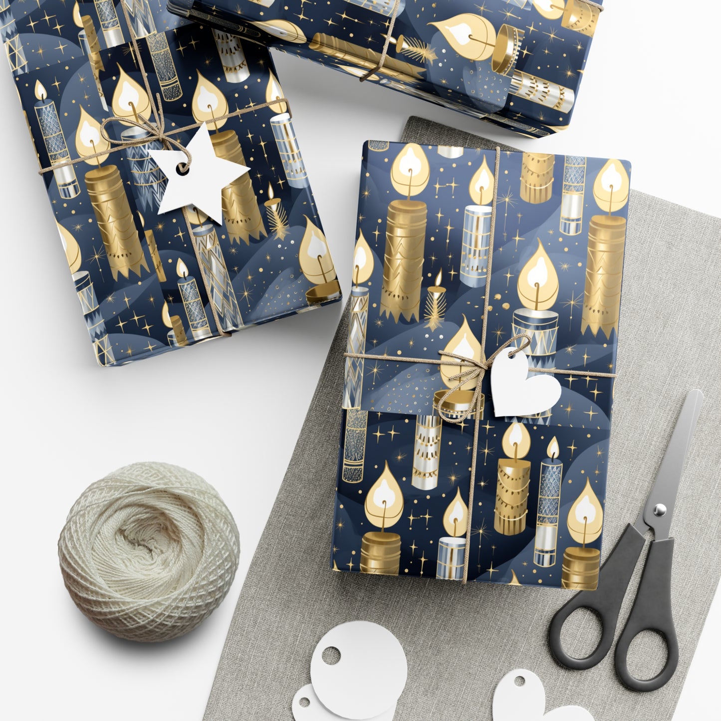 Golden and Silver Candles Wrapping Paper Navy Background Perfect for Hanukkah, Christmas - Premium Gift Wrap Sheet