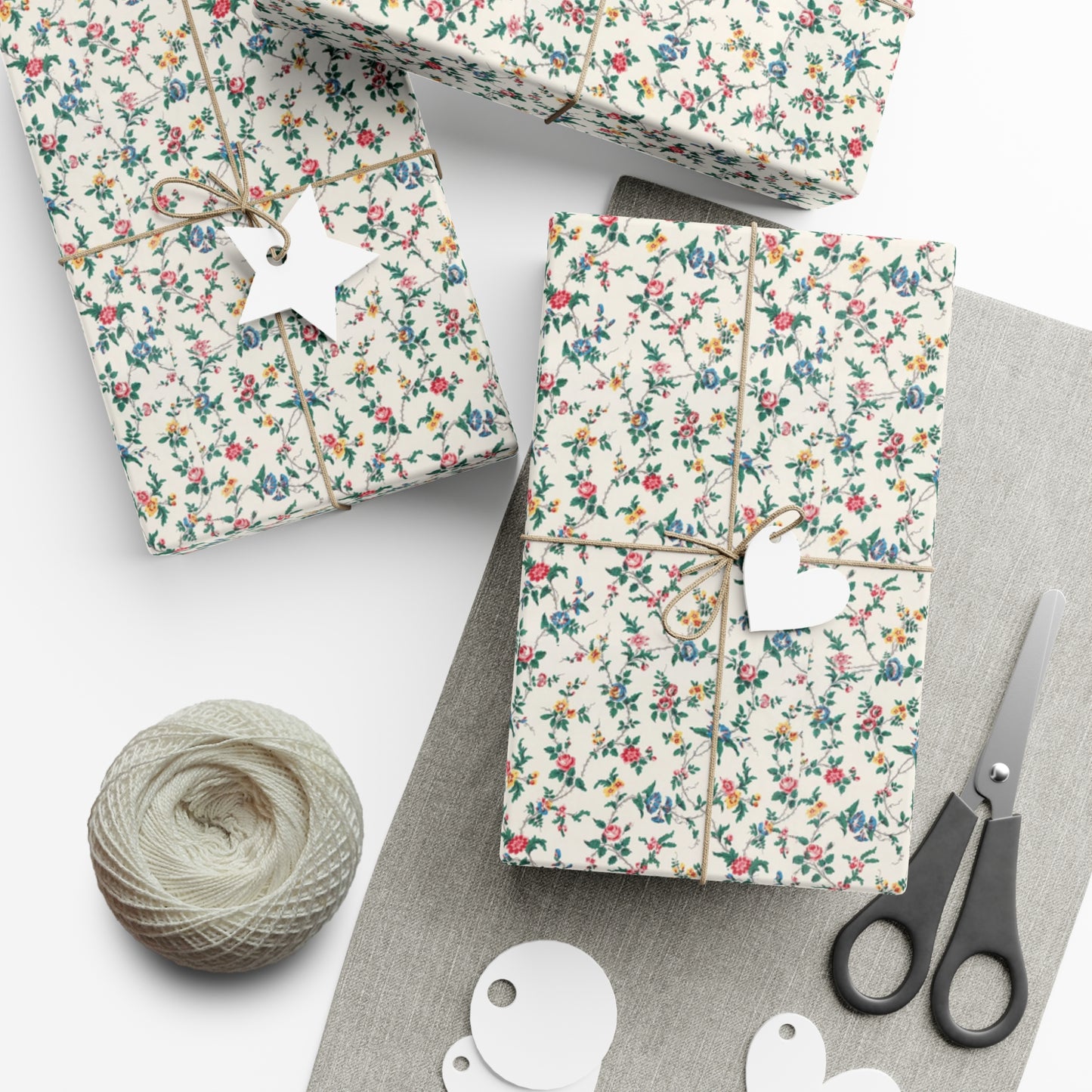 Elegant wildflower gift wrap in soft beige with delicate floral design, eco-friendly wrapping paper for birthdays, weddings, and special occasions.