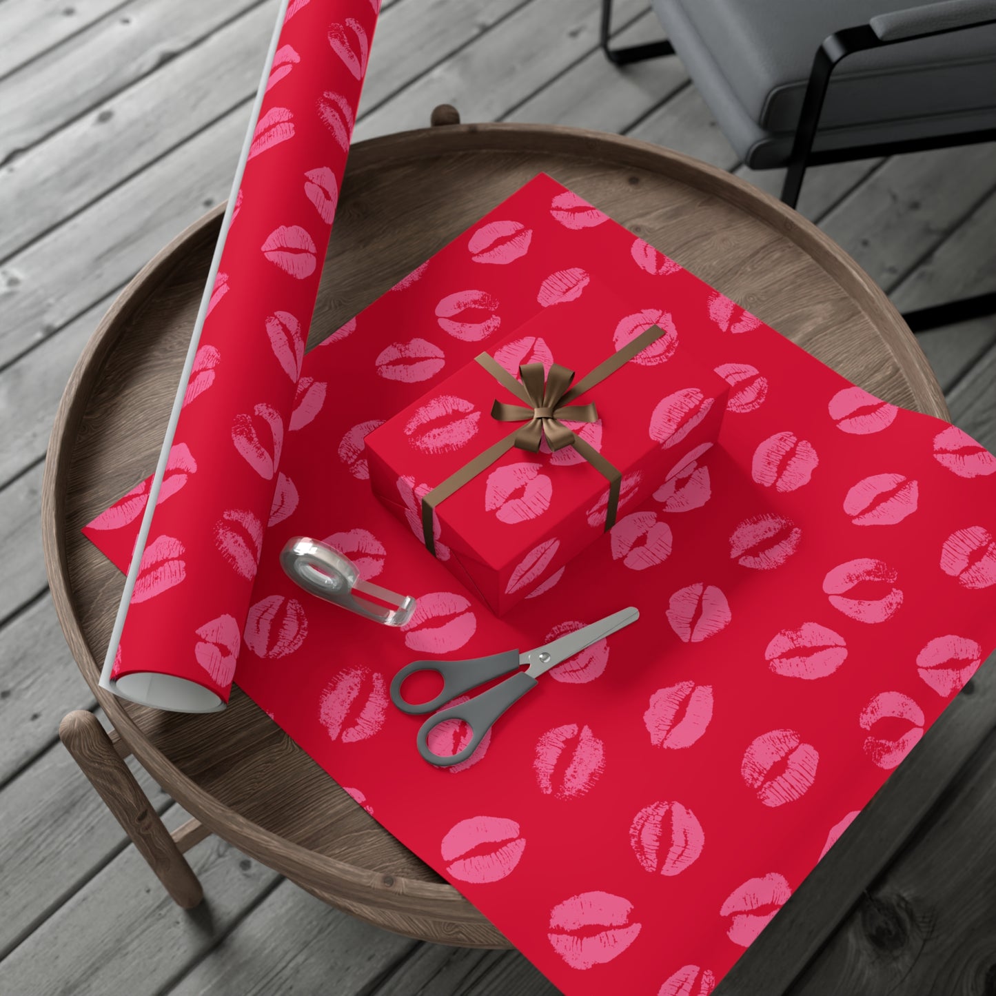 Chic Pink Lipstick Kisses Gift Wrap, Birthday Wrapping Paper, Stylish Red and Pink Design