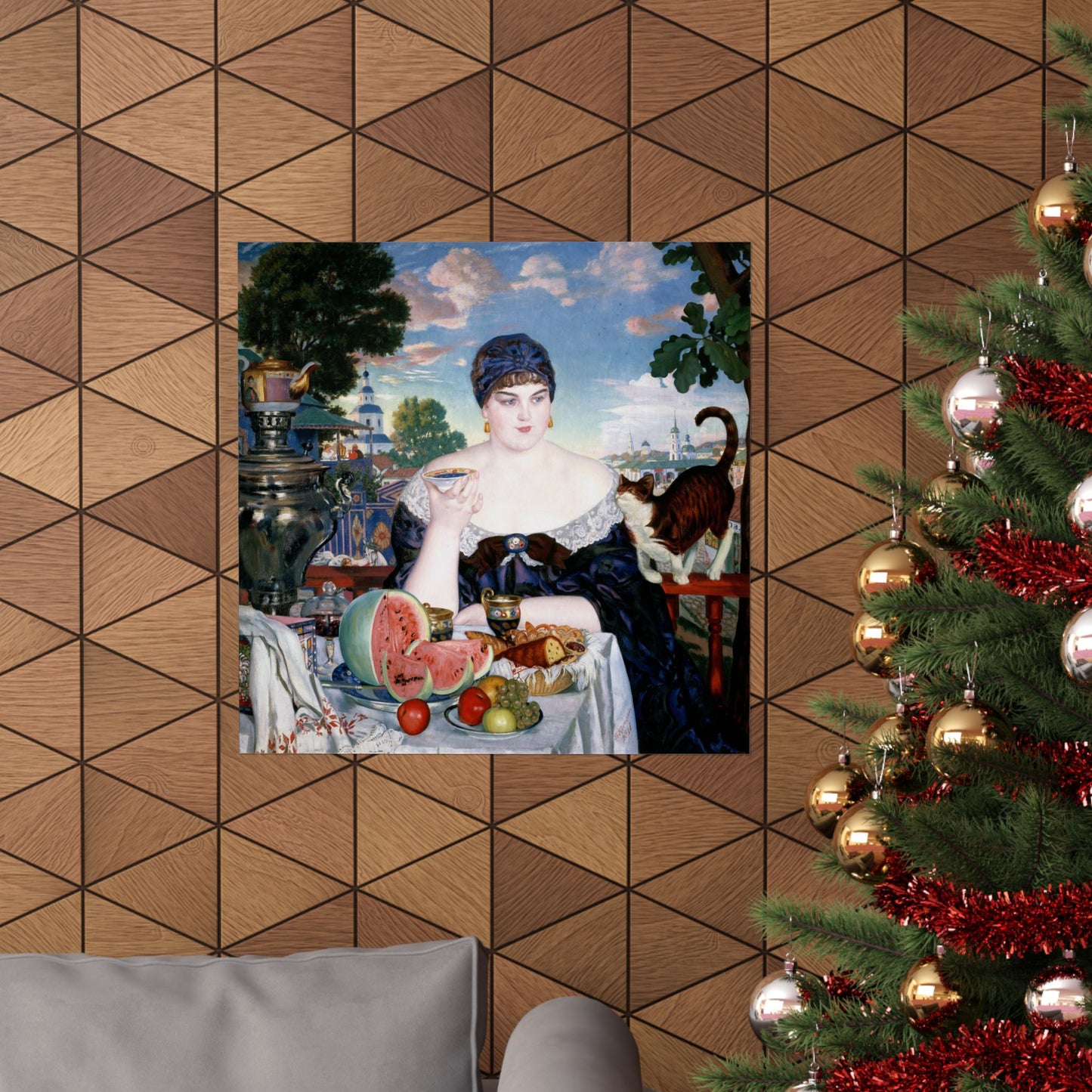Merchant's Wife at Tea Poster by Boris Kustodiev, Russian Fine Art Print