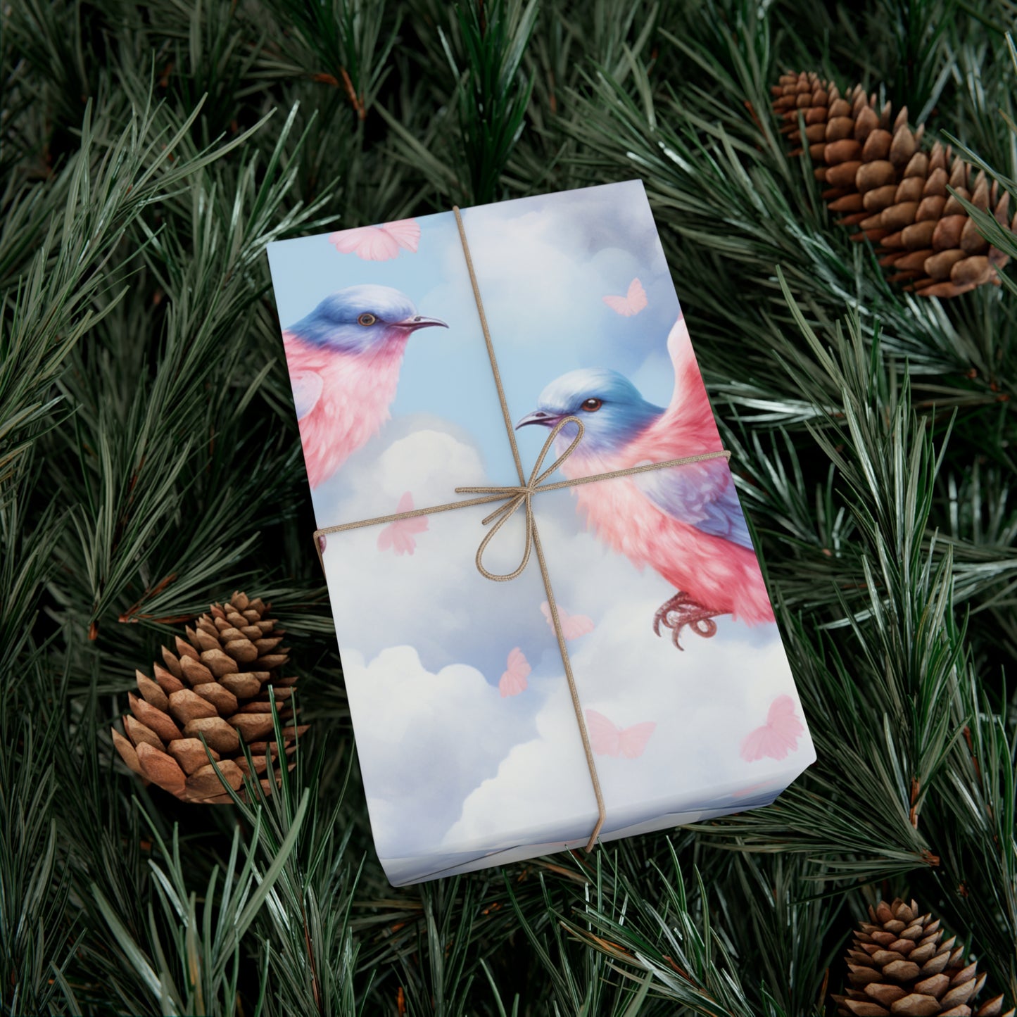 Gift Wrapping Paper of Love Birds, Sky Blue and Clouds with Butterflies, Tender Pastel Wrap for Birthdays, Valentine's, All Occasions