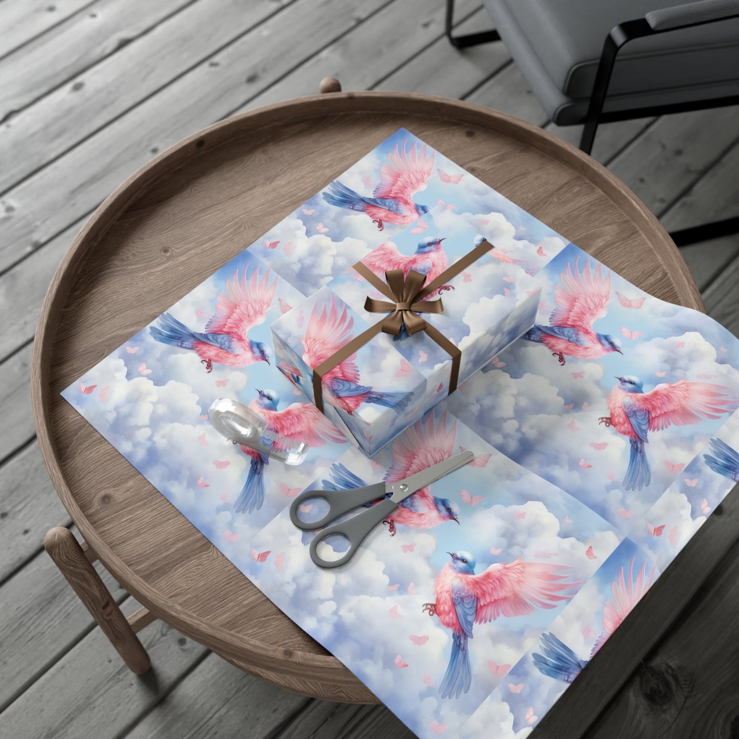 Gift Wrapping Paper of Love Birds, Sky Blue and Clouds with Butterflies, Tender Pastel Wrap for Birthdays, Valentine's, All Occasions