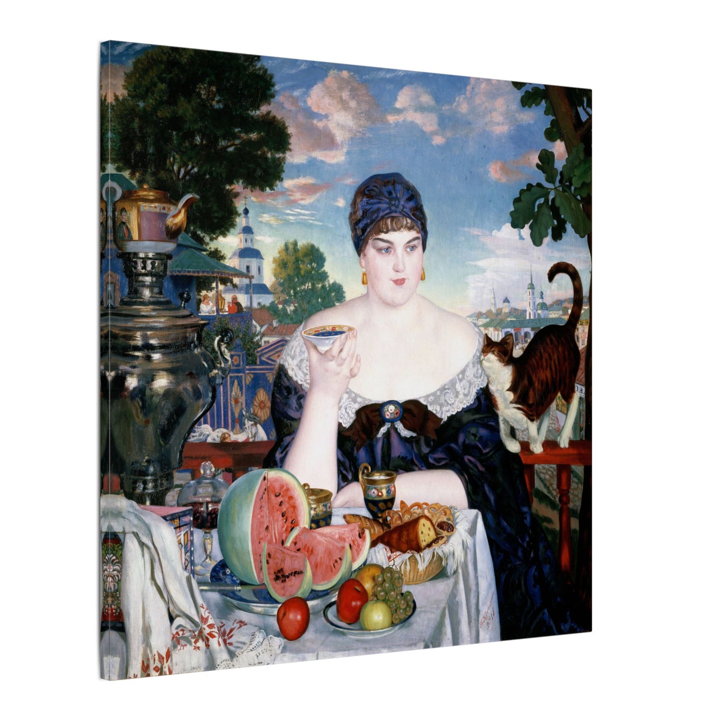 Merchant's Wife at Tea Canvas Print by Boris Kustodiev, Russian Art, Luxurious Home Decor, Eco-Friendly Wall Art