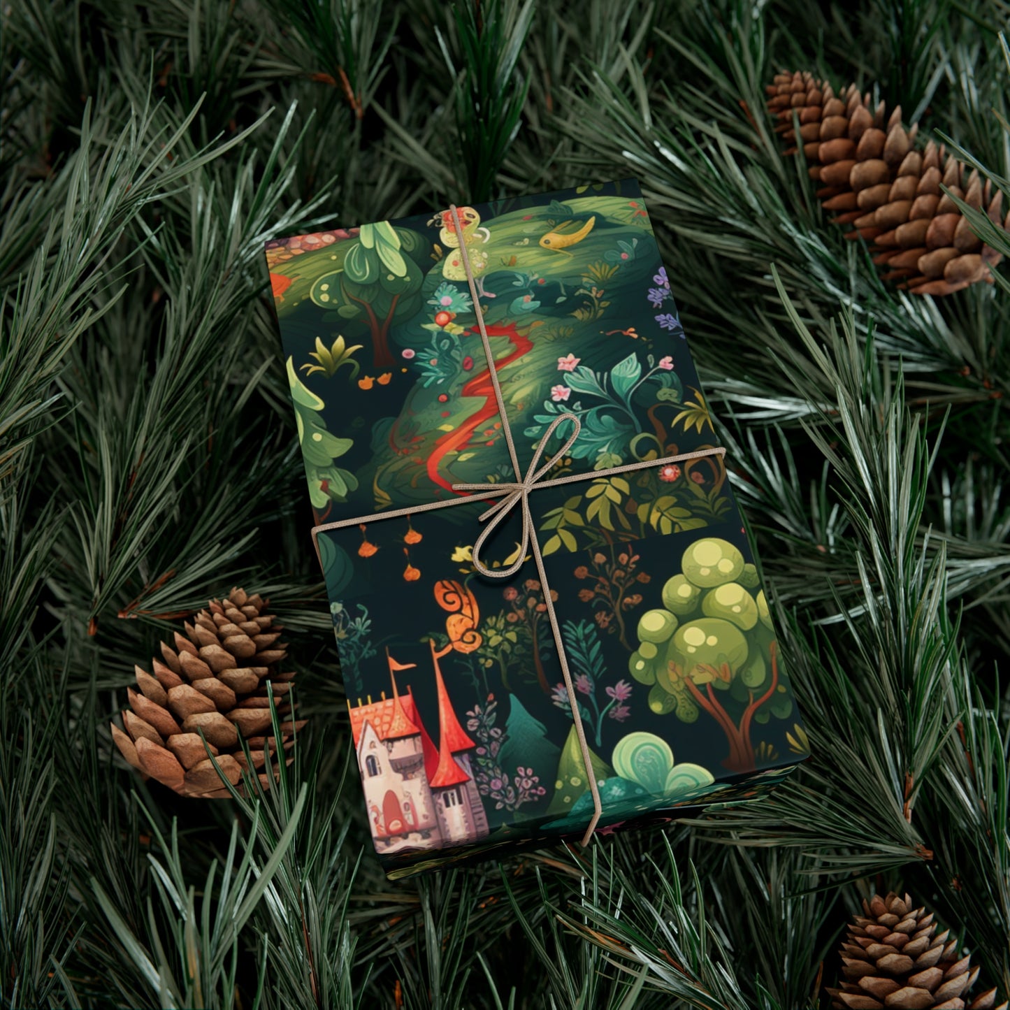 Gift Wrapping Paper illustrating Enchanted Forest and Whimsical Monsters - Magical Castle-Themed Gift Wrap Paper for All Occasions