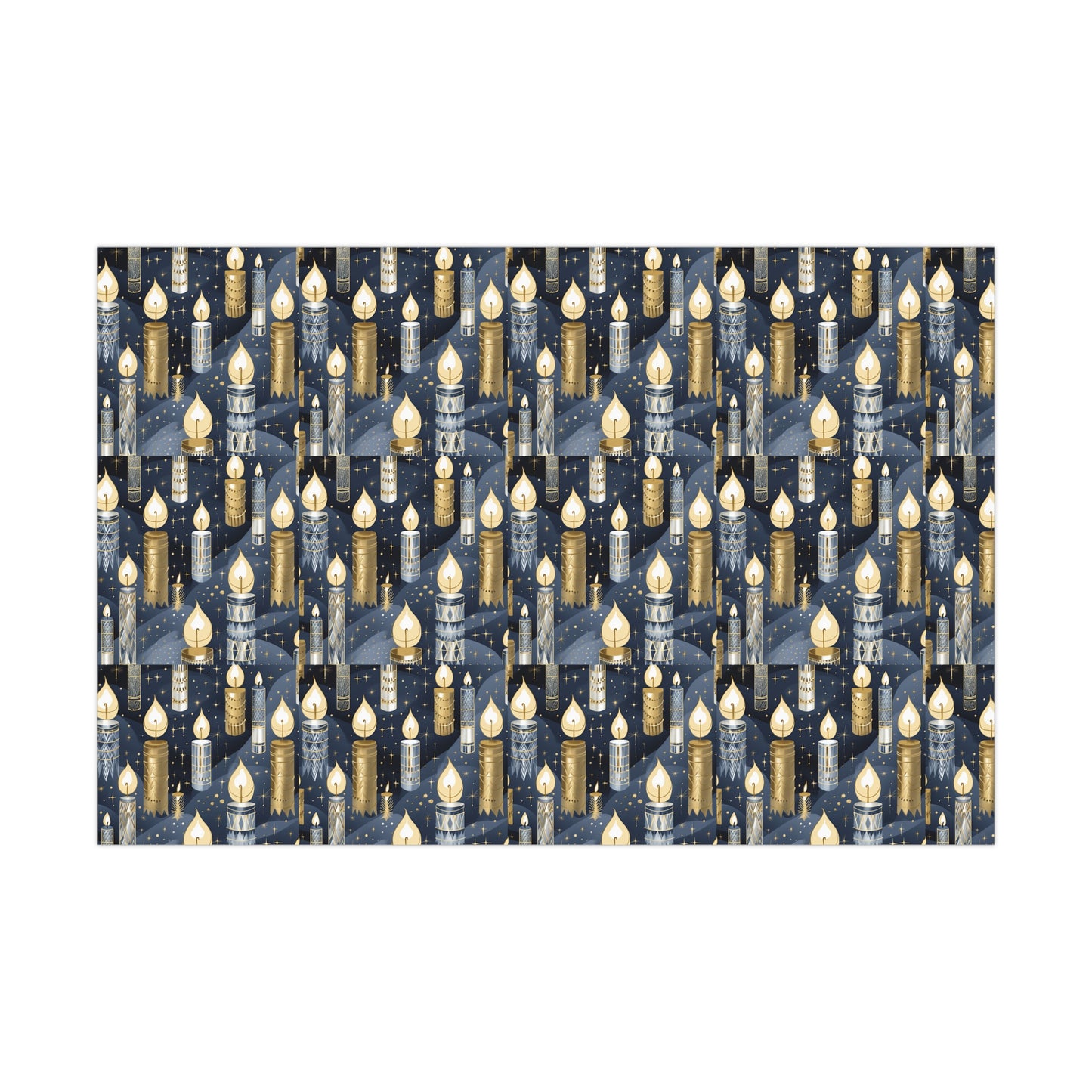Golden and Silver Candles Wrapping Paper Navy Background Perfect for Hanukkah, Christmas - Premium Gift Wrap Sheet