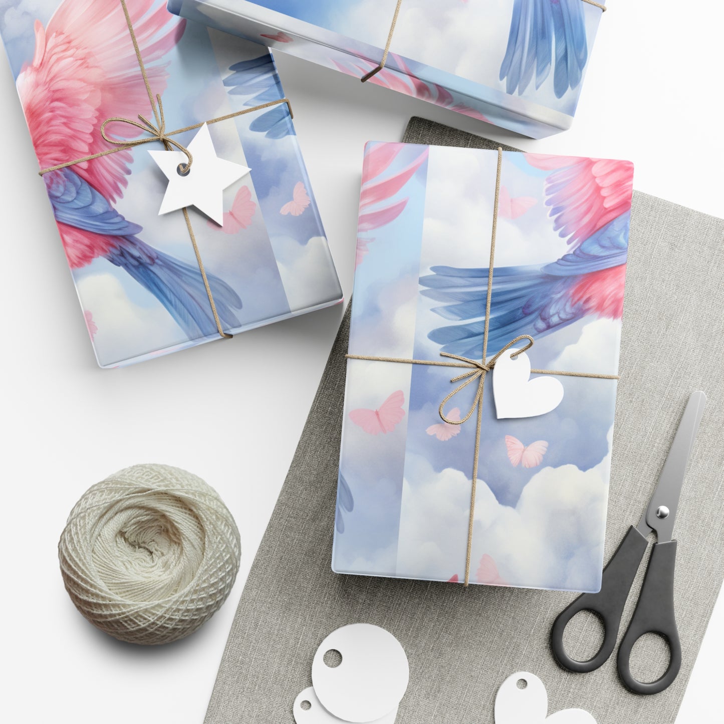 Gift Wrapping Paper of Love Birds, Sky Blue and Clouds with Butterflies, Tender Pastel Wrap for Birthdays, Valentine's, All Occasions