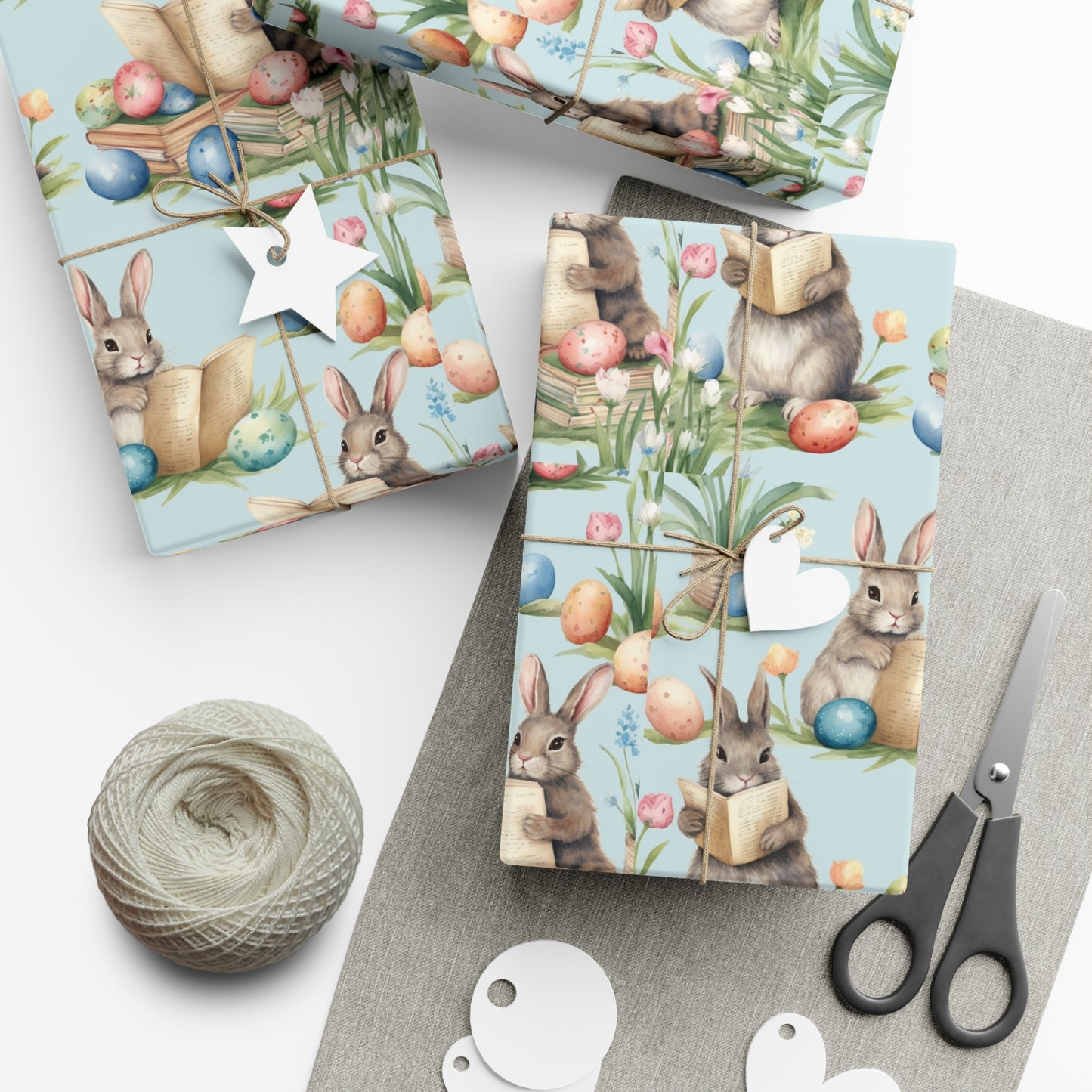 Adorable Easter Bunny Booklover Wrapping Paper - Soft Sky Blue with Colorful Eggs - Ideal for Easter, Baby Showers and Bunny Rabbit Lovers