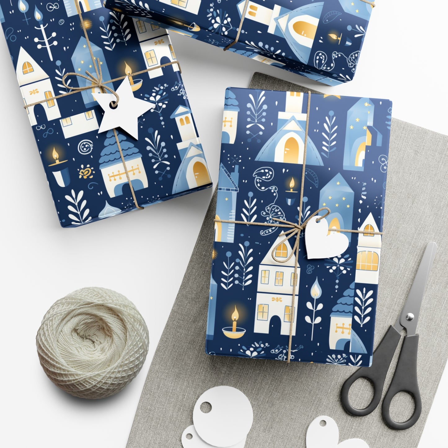 Blue Cozy Homes & Candles Gift Wrapping Paper - Elegant Winter - Themed Wrap for Special Occasions, Hanukkah, Birthdays, Holidays