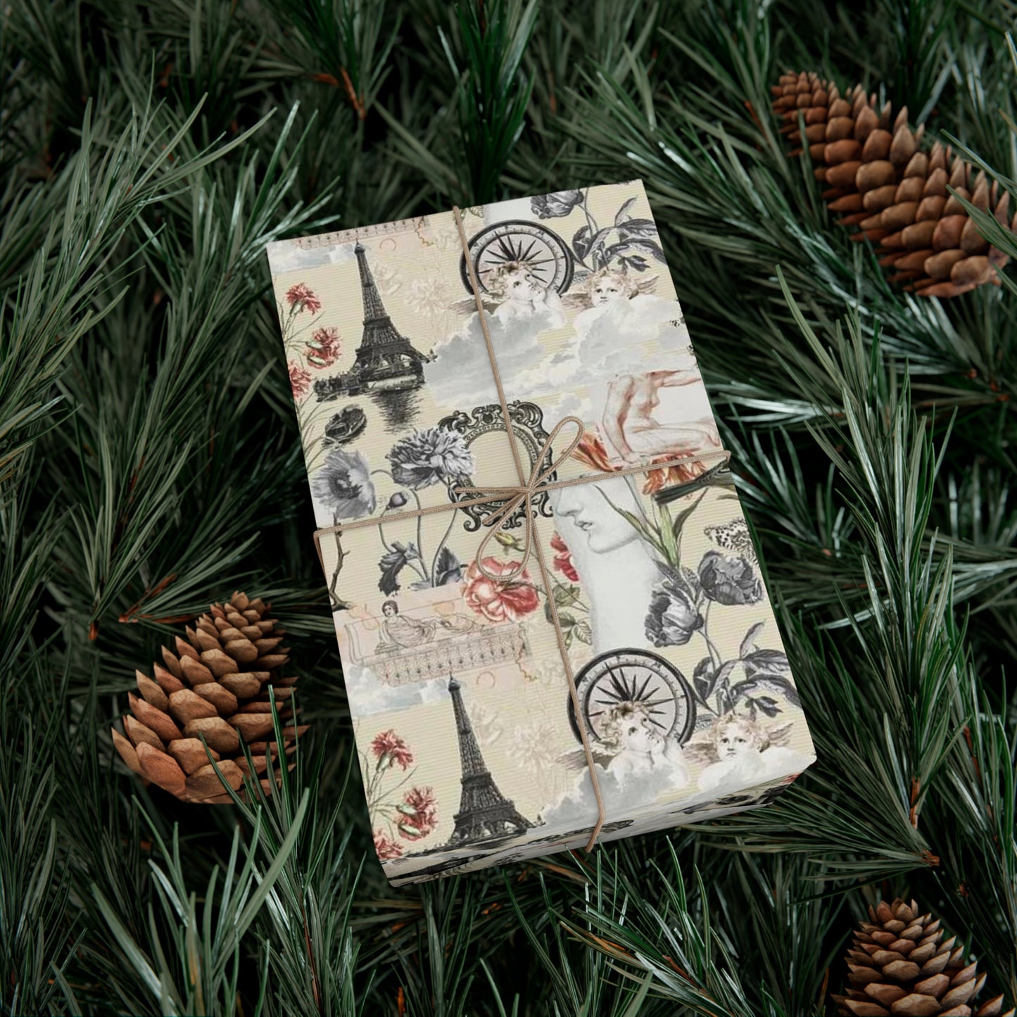 Vintage Antique Floral and Eiffel Tower Wrapping Paper - Retro Bird and Flower Pattern for Scrapbooking and Nostalgic Gifts