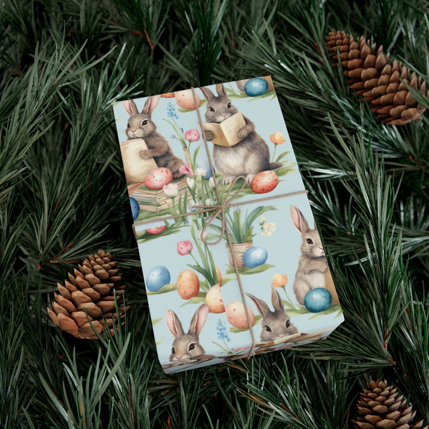 Adorable Easter Bunny Booklover Wrapping Paper - Soft Sky Blue with Colorful Eggs - Ideal for Easter, Baby Showers and Bunny Rabbit Lovers