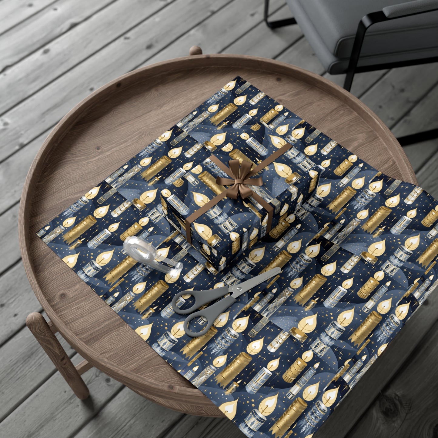 Golden and Silver Candles Wrapping Paper Navy Background Perfect for Hanukkah, Christmas - Premium Gift Wrap Sheet