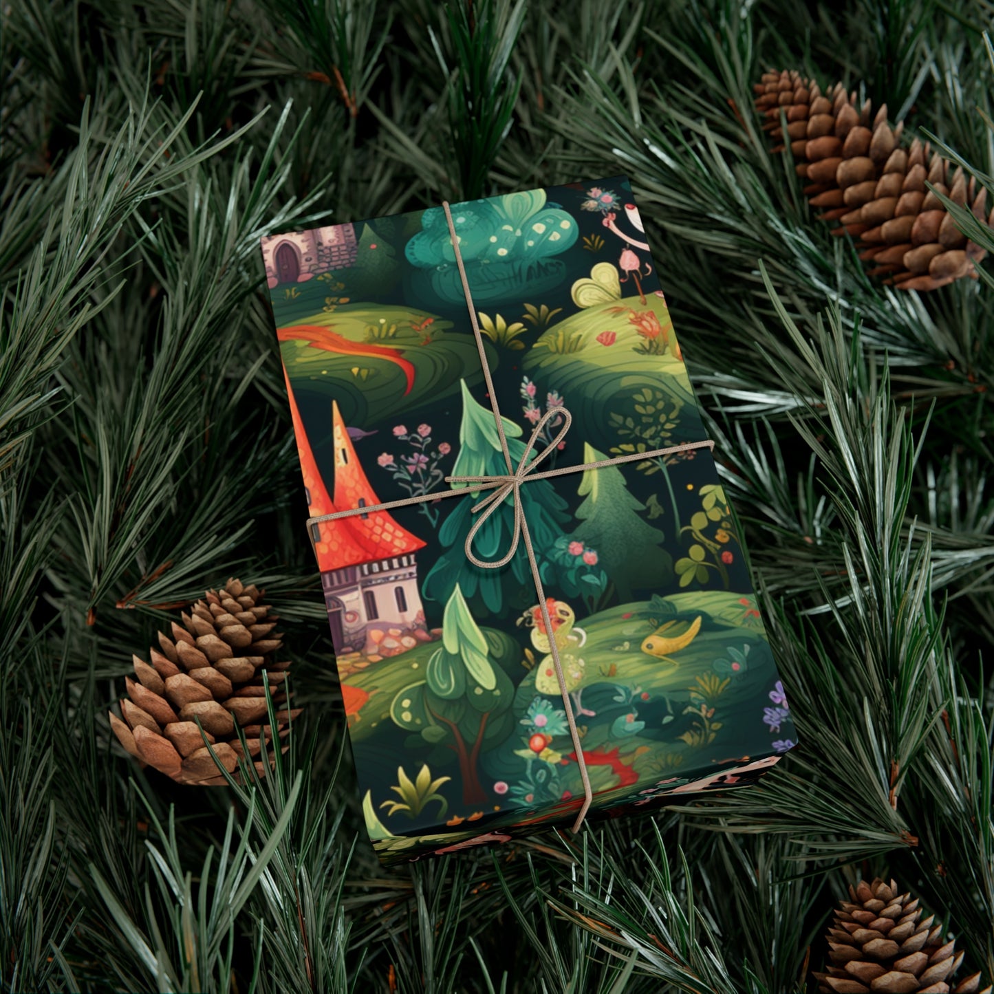 Gift Wrapping Paper illustrating Enchanted Forest and Whimsical Monsters - Magical Castle-Themed Gift Wrap Paper for All Occasions