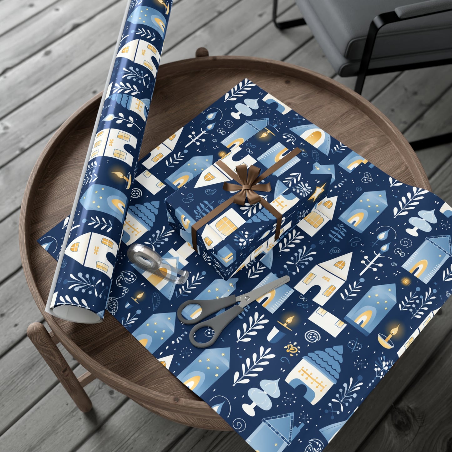 Blue Cozy Homes & Candles Gift Wrapping Paper - Elegant Winter - Themed Wrap for Special Occasions, Hanukkah, Birthdays, Holidays