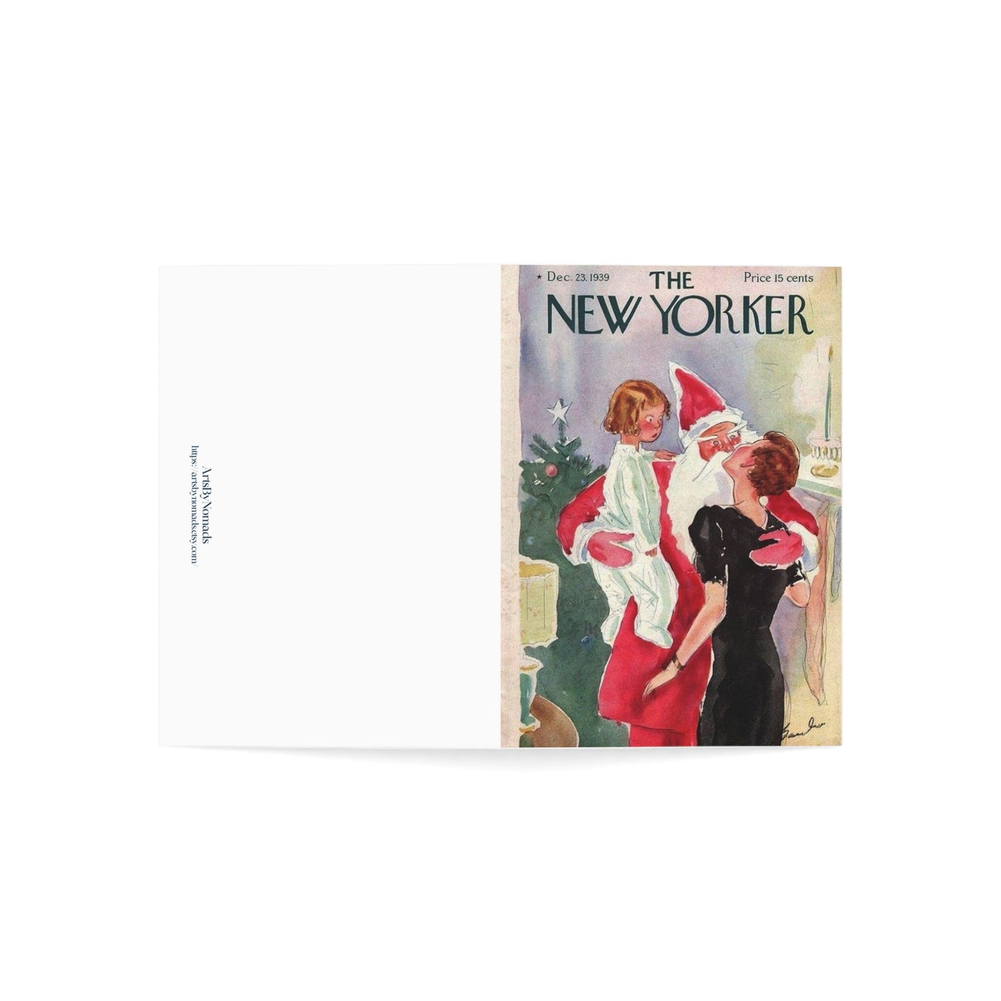 Vintage Christmas Greeting Card, New Yorker Cover Art, Santa Claus and Family Holiday Cards, With Envelopes
