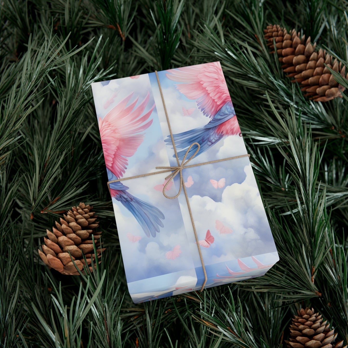 Gift Wrapping Paper of Love Birds, Sky Blue and Clouds with Butterflies, Tender Pastel Wrap for Birthdays, Valentine's, All Occasions
