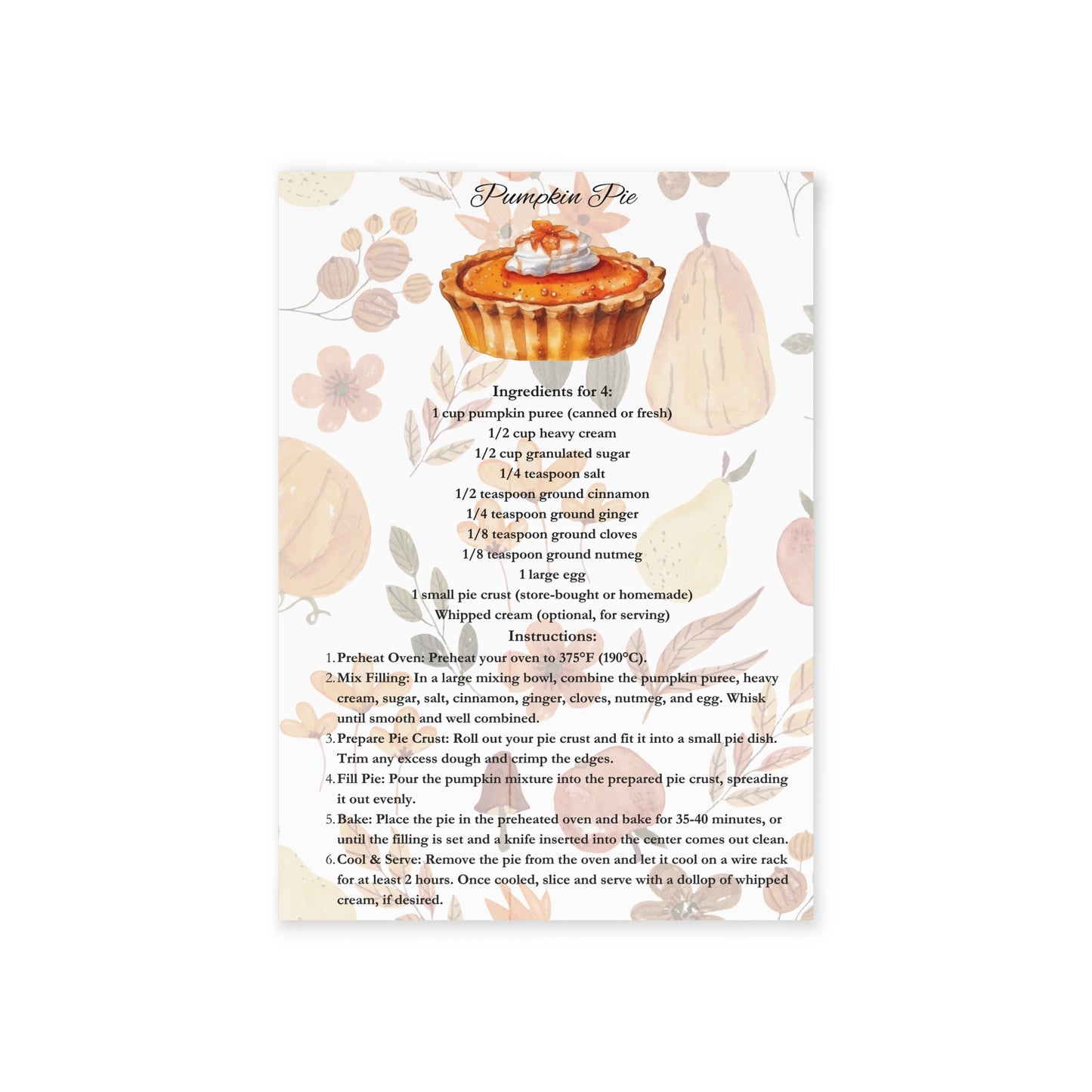Thanksgiving Pumpkin Pie Recipe Card - Cozy Holiday Greeting and Kitchen Accessory - One-Sided Print