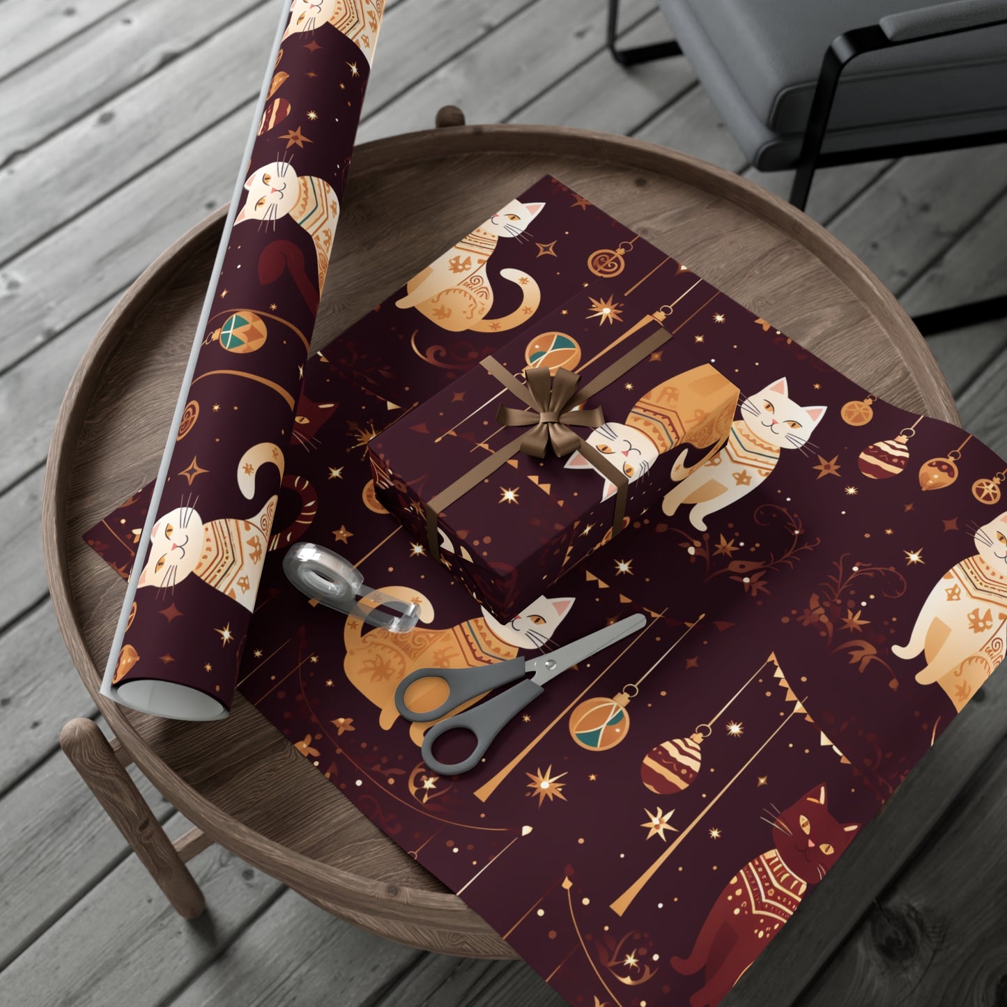 Elegant Cat Christmas Wrapping Paper - Golden Ornaments on Maroon - Luxury Festive Gift Wrap for Christmas, New Year, Chinese New Year