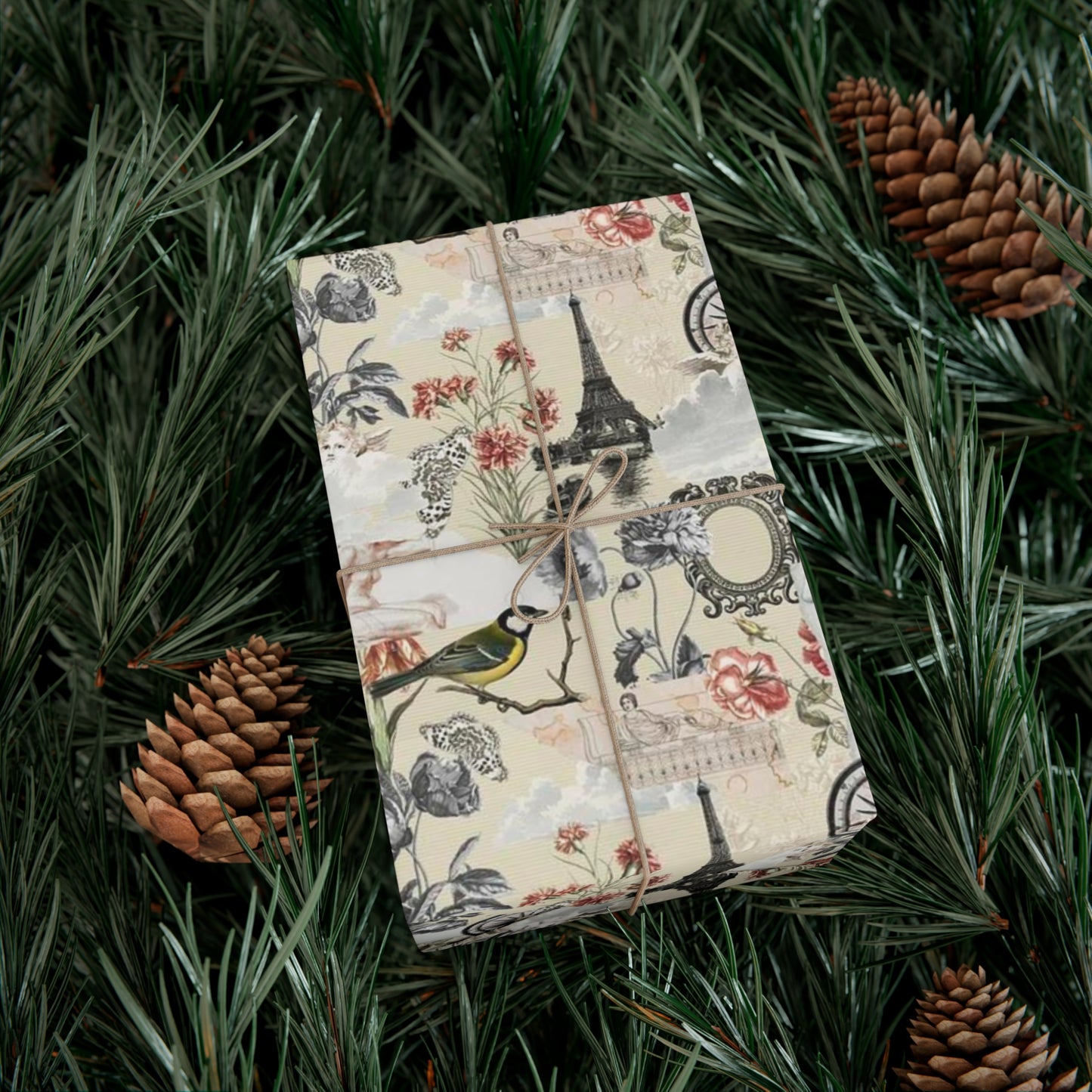 Vintage Antique Floral and Eiffel Tower Wrapping Paper - Retro Bird and Flower Pattern for Scrapbooking and Nostalgic Gifts