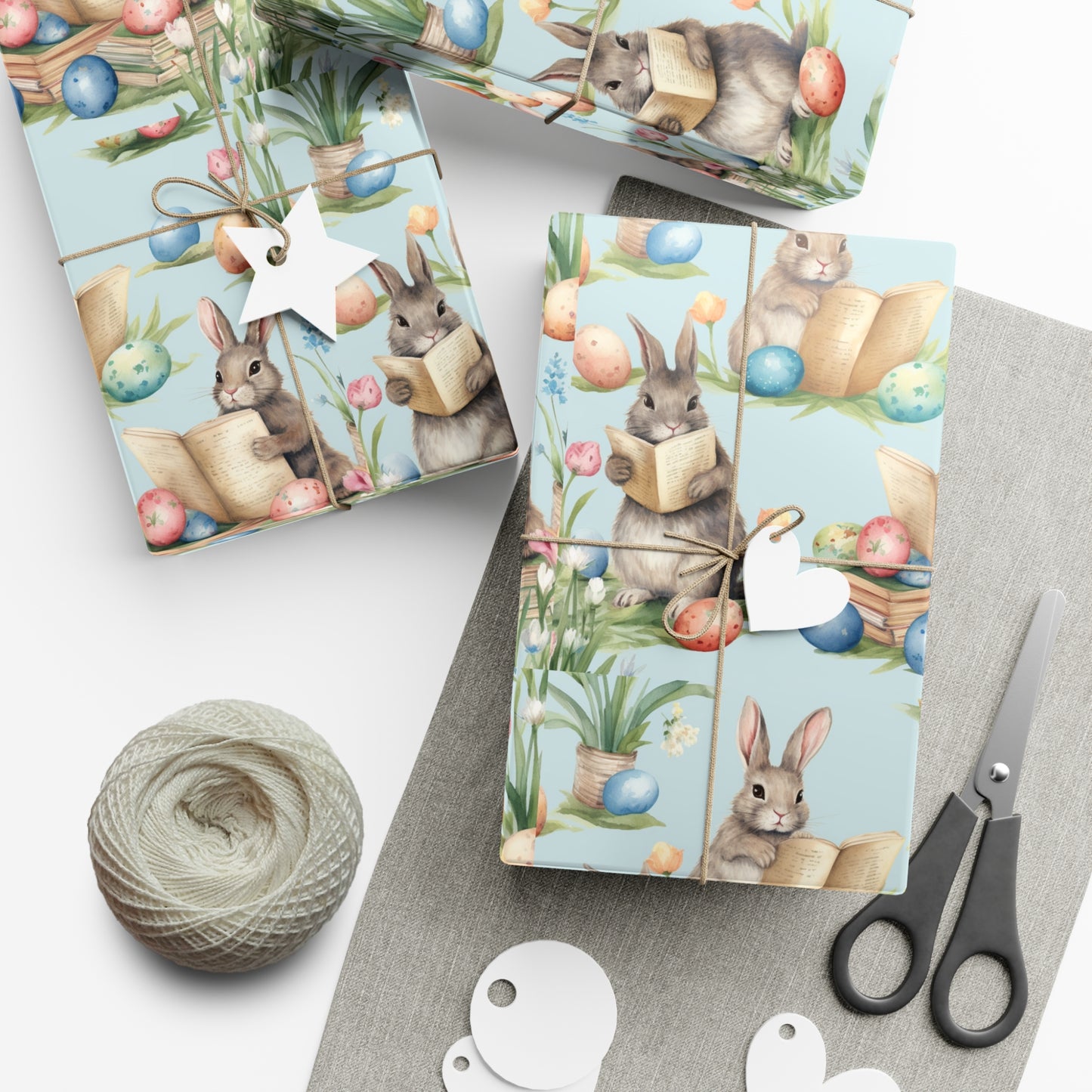 Adorable Easter Bunny Booklover Wrapping Paper - Soft Sky Blue with Colorful Eggs - Ideal for Easter, Baby Showers and Bunny Rabbit Lovers