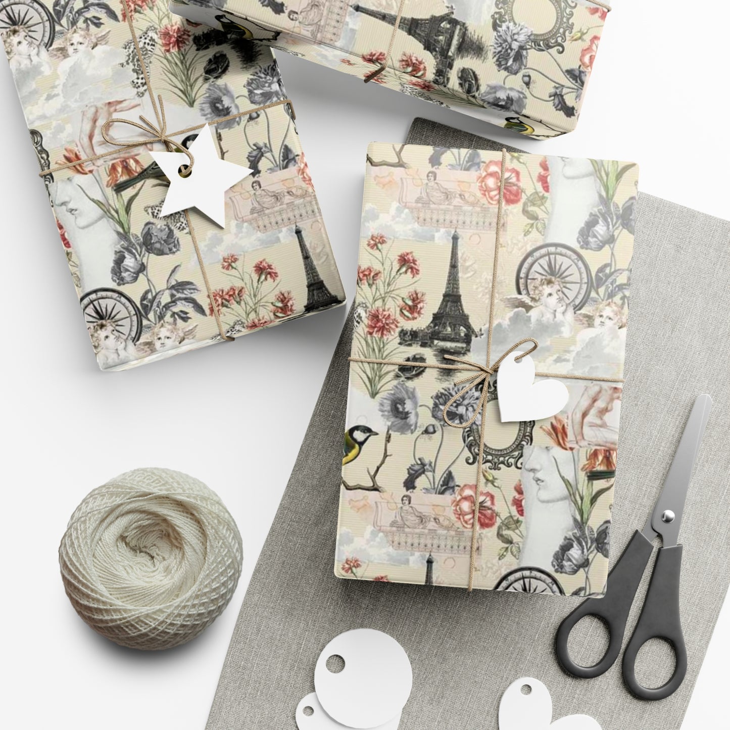 Vintage Antique Floral and Eiffel Tower Wrapping Paper - Retro Bird and Flower Pattern for Scrapbooking and Nostalgic Gifts
