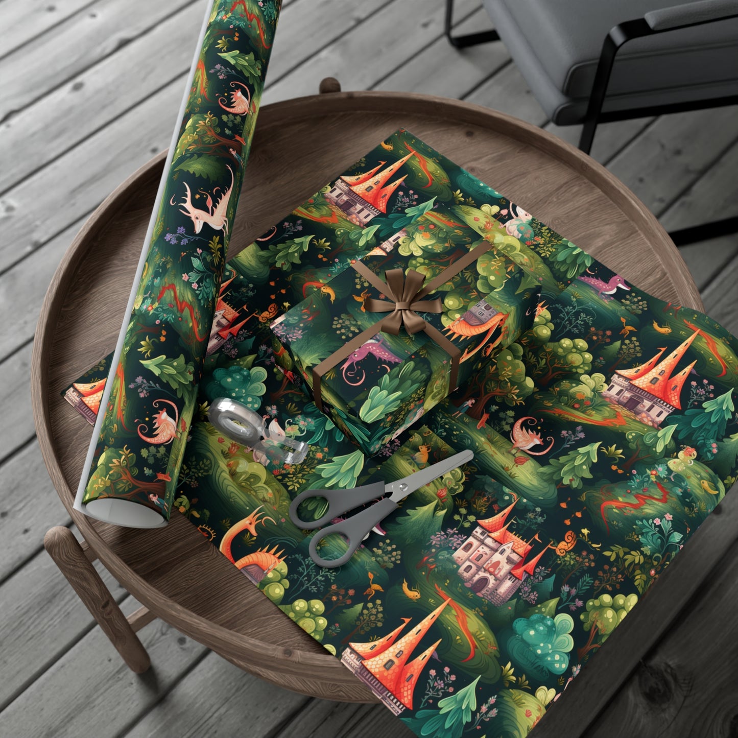 Gift Wrapping Paper illustrating Enchanted Forest and Whimsical Monsters - Magical Castle-Themed Gift Wrap Paper for All Occasions