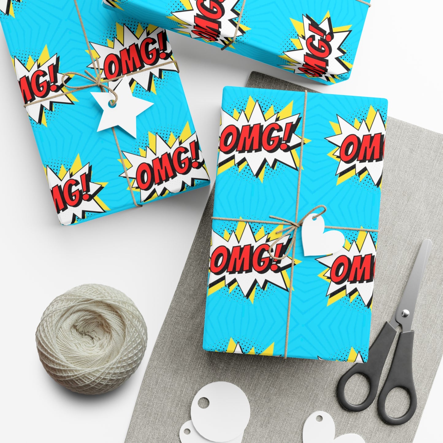 Retro Pop Art Wrapping Paper - OMG! Speech Bubble Design on Bright Blue - Unique Cartoon-Style Gift Wrap