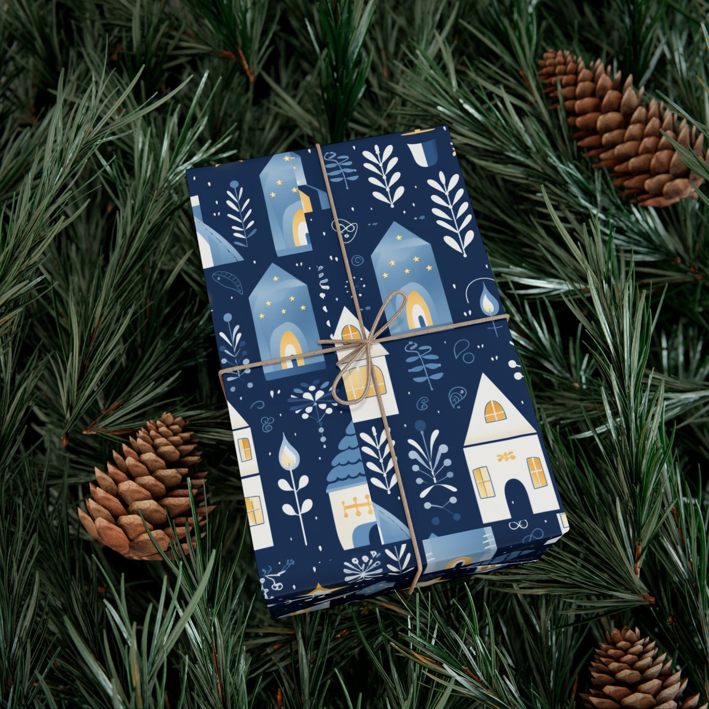 Blue Cozy Homes & Candles Gift Wrapping Paper - Elegant Winter - Themed Wrap for Special Occasions, Hanukkah, Birthdays, Holidays
