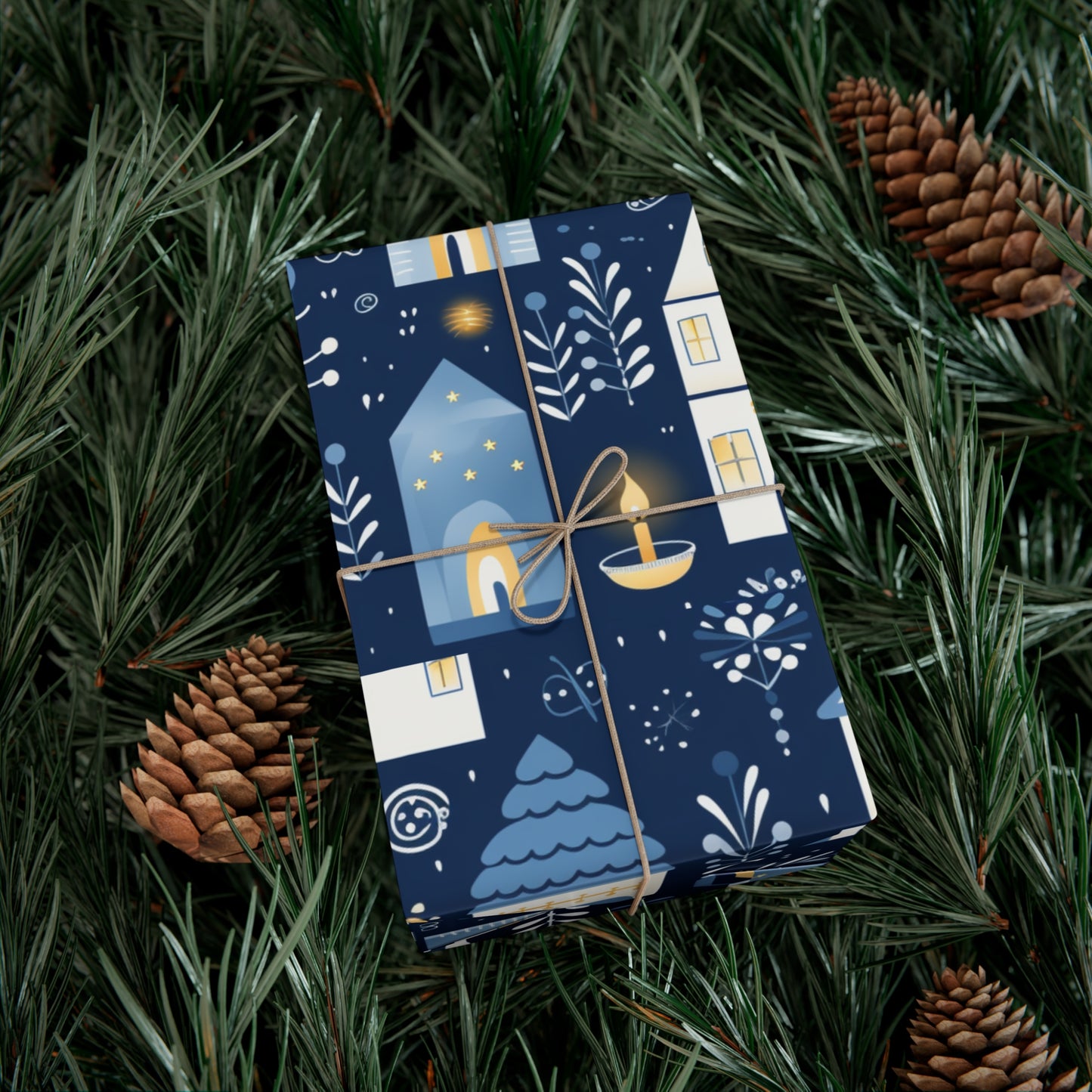 Blue Cozy Homes & Candles Gift Wrapping Paper - Elegant Winter - Themed Wrap for Special Occasions, Hanukkah, Birthdays, Holidays