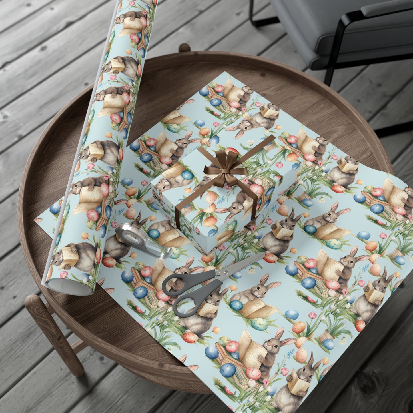 Adorable Easter Bunny Booklover Wrapping Paper - Soft Sky Blue with Colorful Eggs - Ideal for Easter, Baby Showers and Bunny Rabbit Lovers
