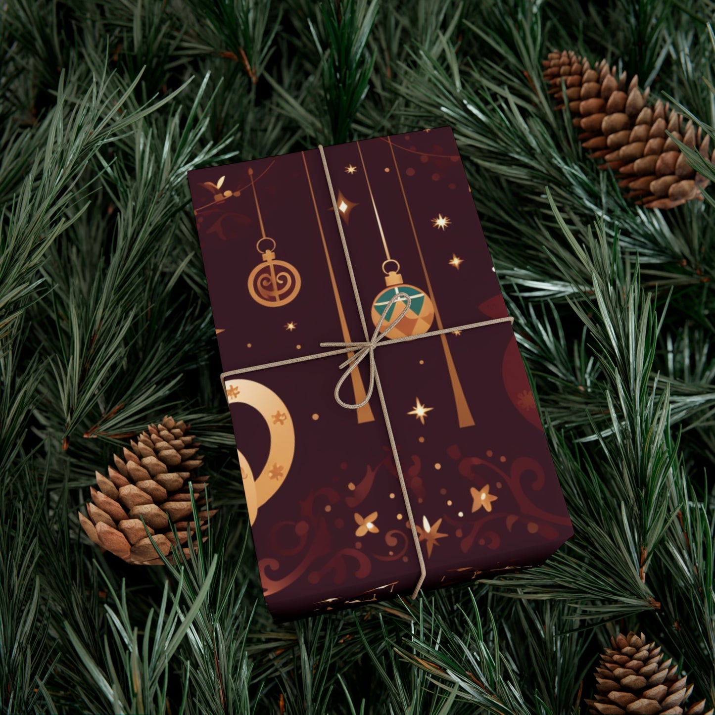 Elegant Cat Christmas Wrapping Paper - Golden Ornaments on Maroon - Luxury Festive Gift Wrap for Christmas, New Year, Chinese New Year