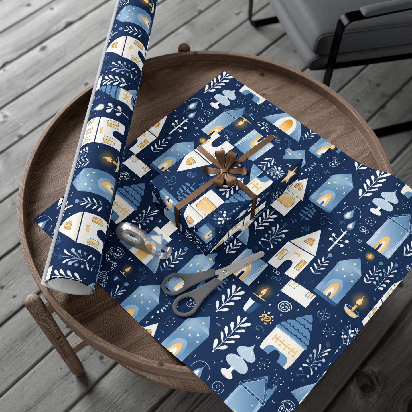 Blue Cozy Homes & Candles Gift Wrapping Paper - Elegant Winter - Themed Wrap for Special Occasions, Hanukkah, Birthdays, Holidays