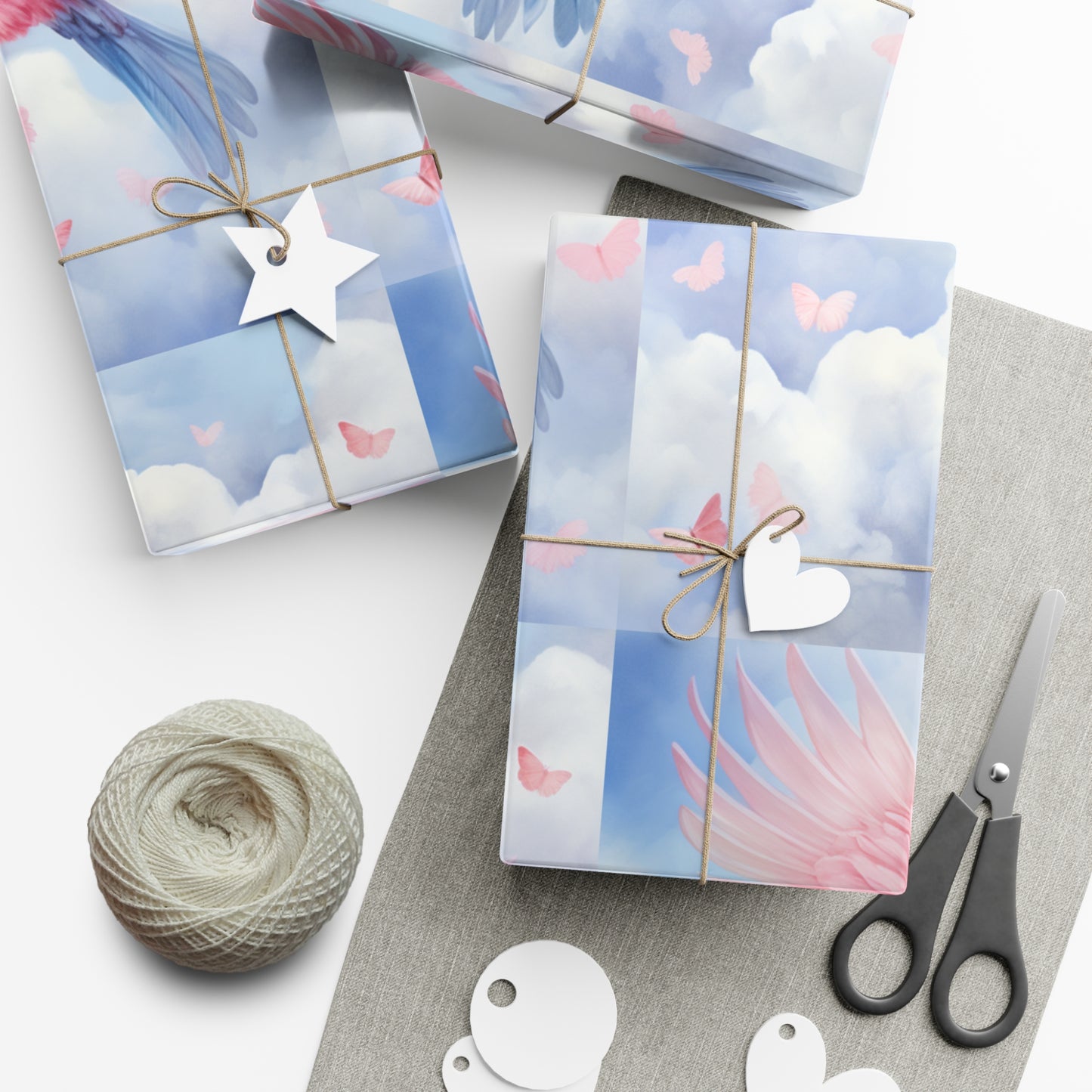 Gift Wrapping Paper of Love Birds, Sky Blue and Clouds with Butterflies, Tender Pastel Wrap for Birthdays, Valentine's, All Occasions