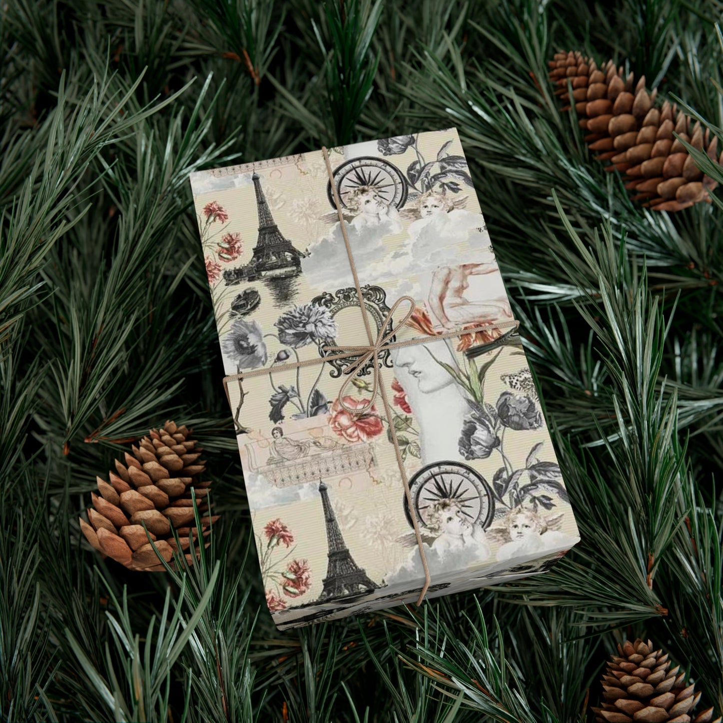Vintage Antique Floral and Eiffel Tower Wrapping Paper - Retro Bird and Flower Pattern for Scrapbooking and Nostalgic Gifts