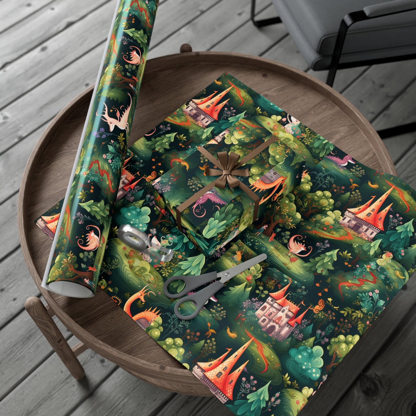 Gift Wrapping Paper illustrating Enchanted Forest and Whimsical Monsters - Magical Castle-Themed Gift Wrap Paper for All Occasions