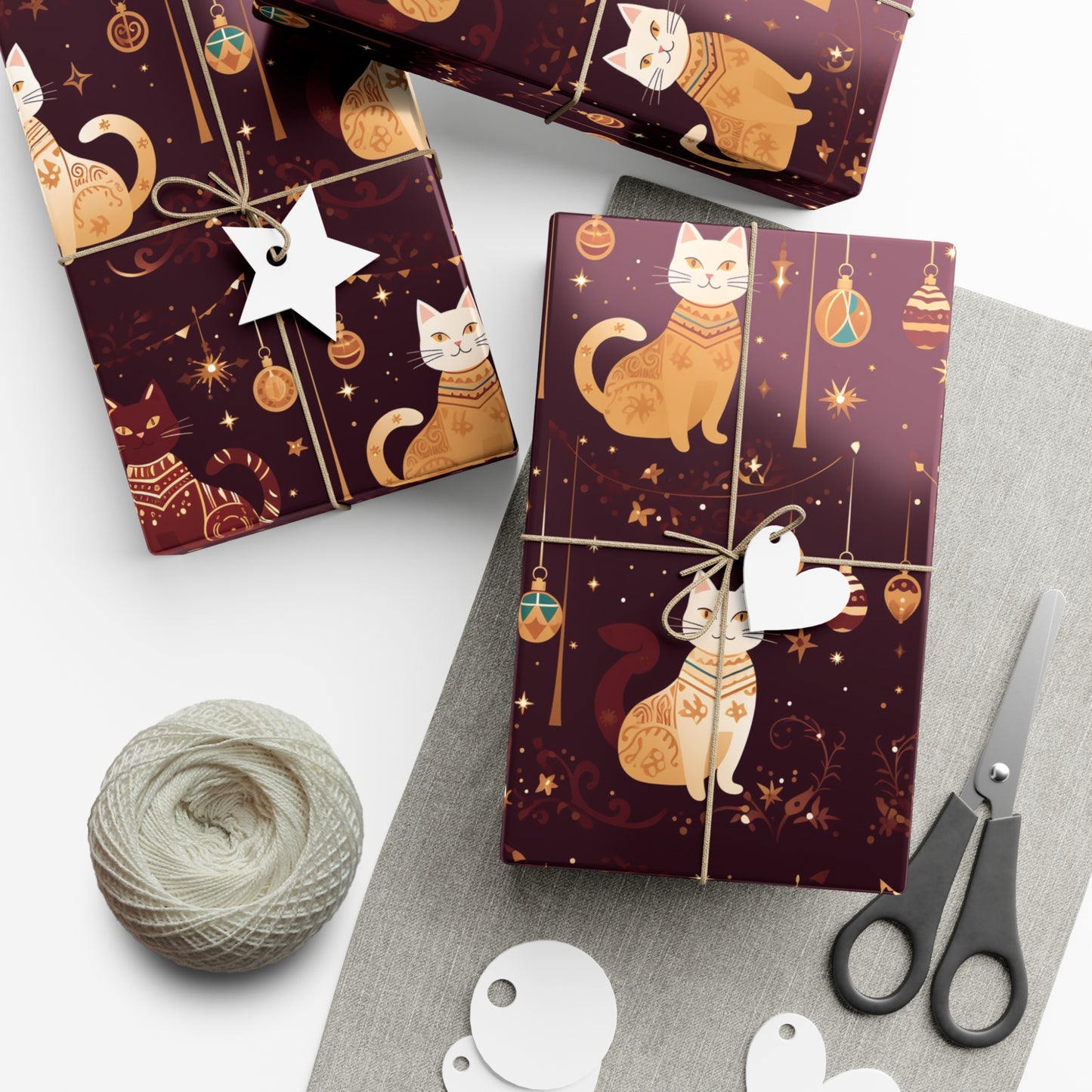 Elegant Cat Christmas Wrapping Paper - Golden Ornaments on Maroon - Luxury Festive Gift Wrap for Christmas, New Year, Chinese New Year